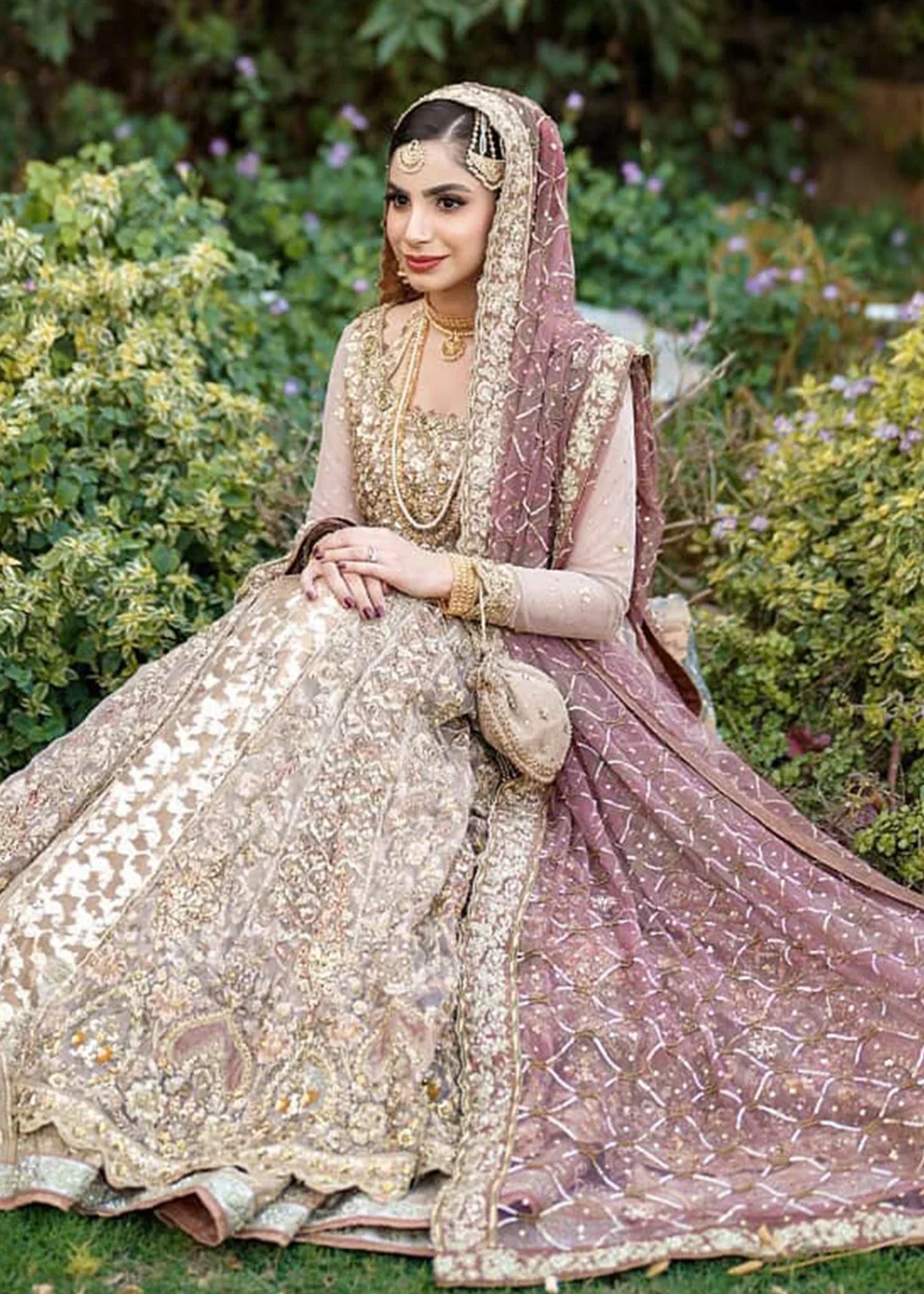 Antique Gold and Rose Embroidered Net Bridal Lehenga (3-Piece) - Image 7