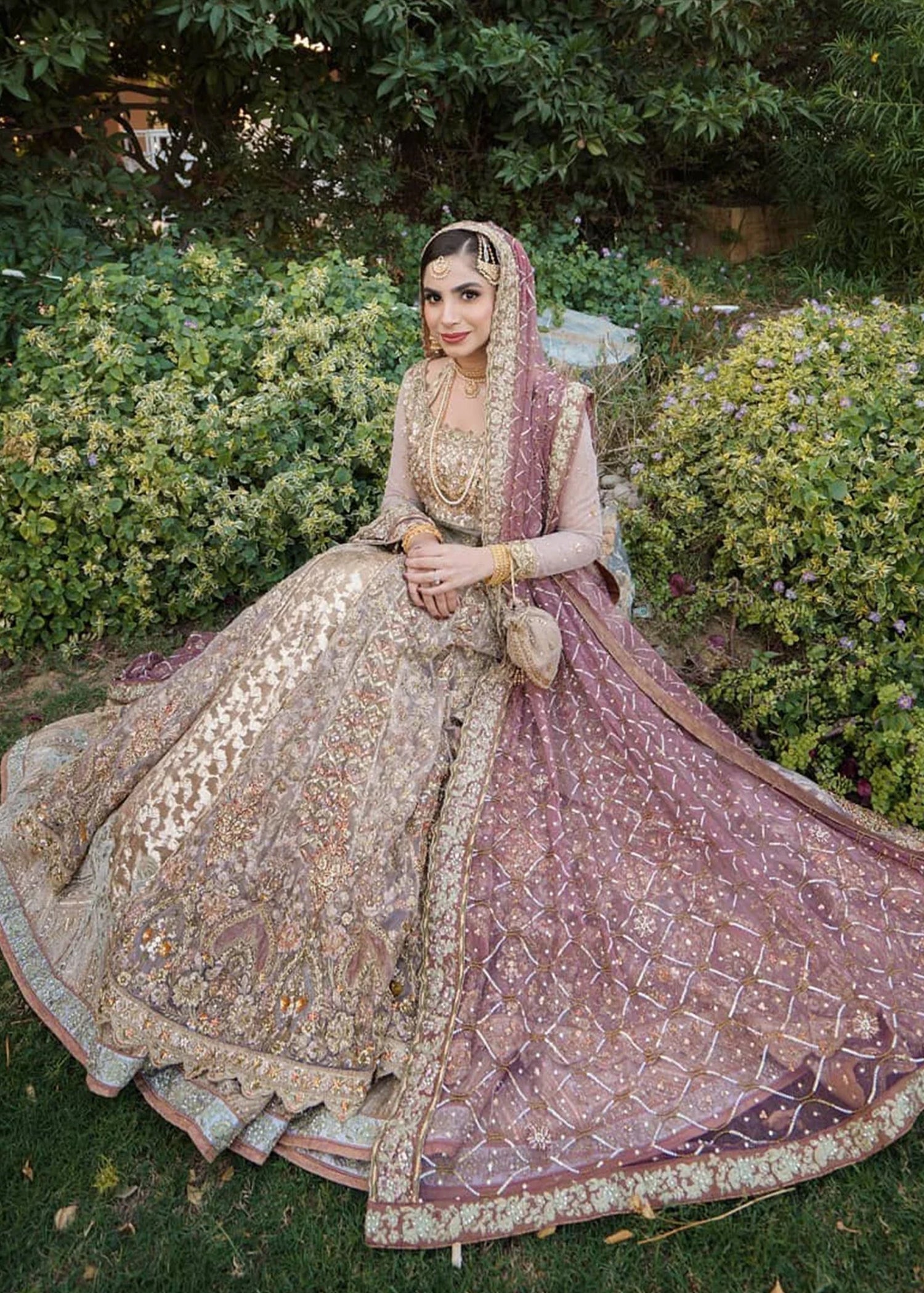 Antique Gold and Rose Embroidered Net Bridal Lehenga (3-Piece) - Image 8