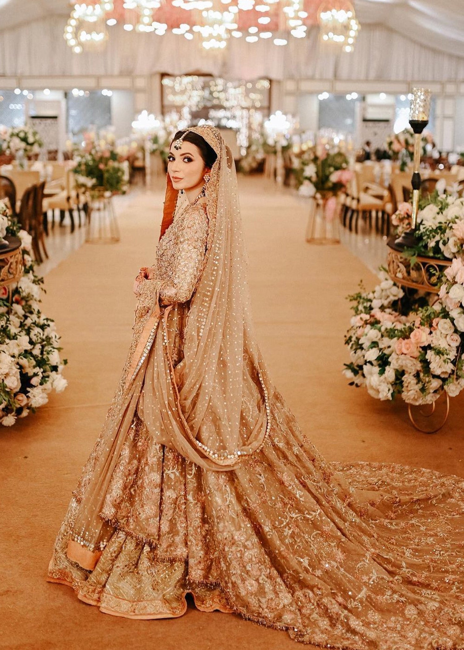 Pakistani Champagne Gold Embellished Net Silk Bridal Lehenga (3-Piece) - Image 1
