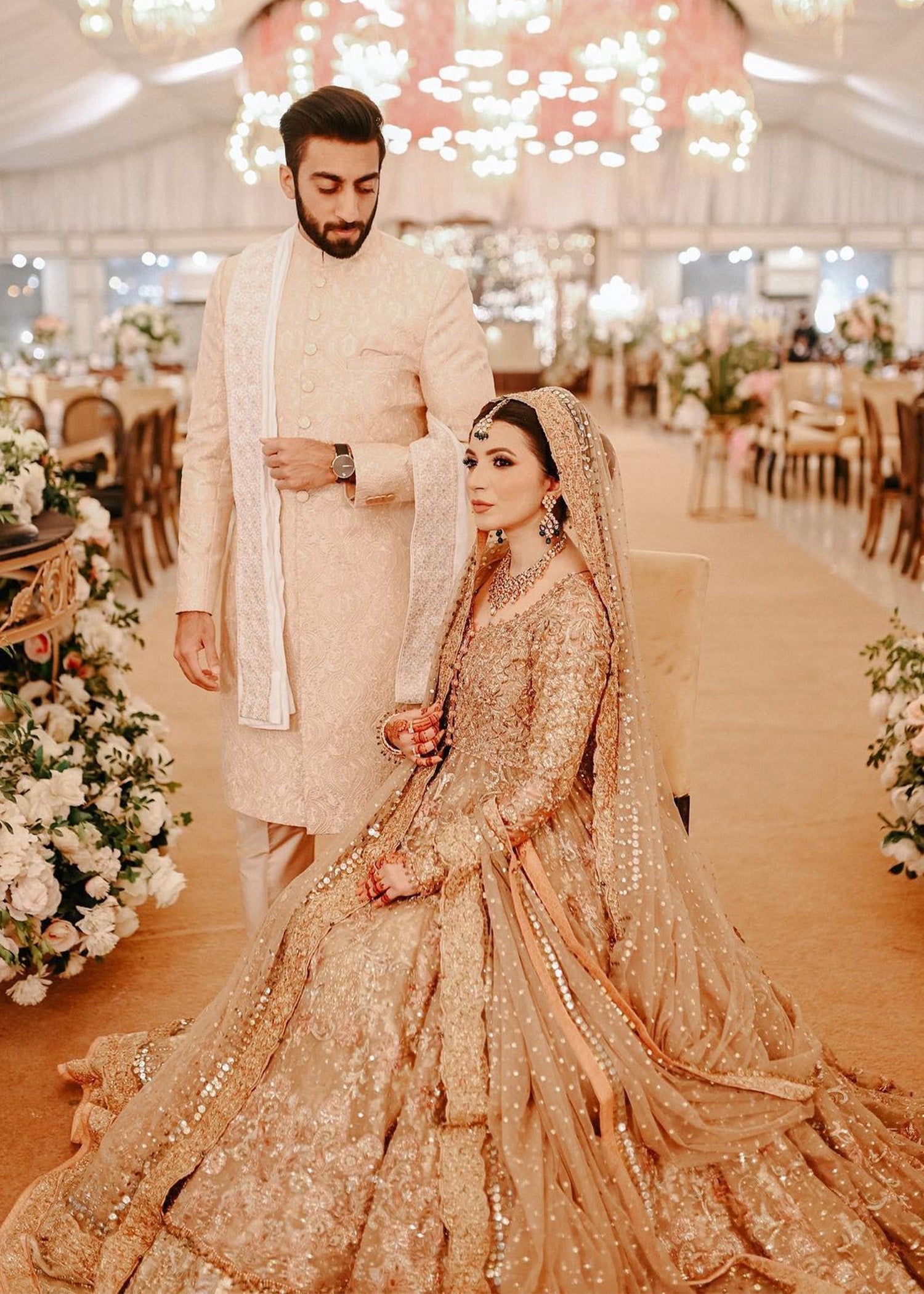 Pakistani Champagne Gold Embellished Net Silk Bridal Lehenga (3-Piece) - Image 2