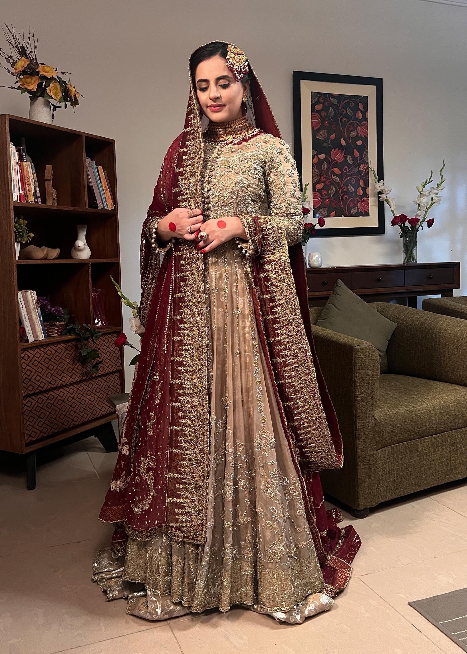 Deep Maroon Champagne Embroidered Bridal Lehenga (3-Piece) - Image 1
