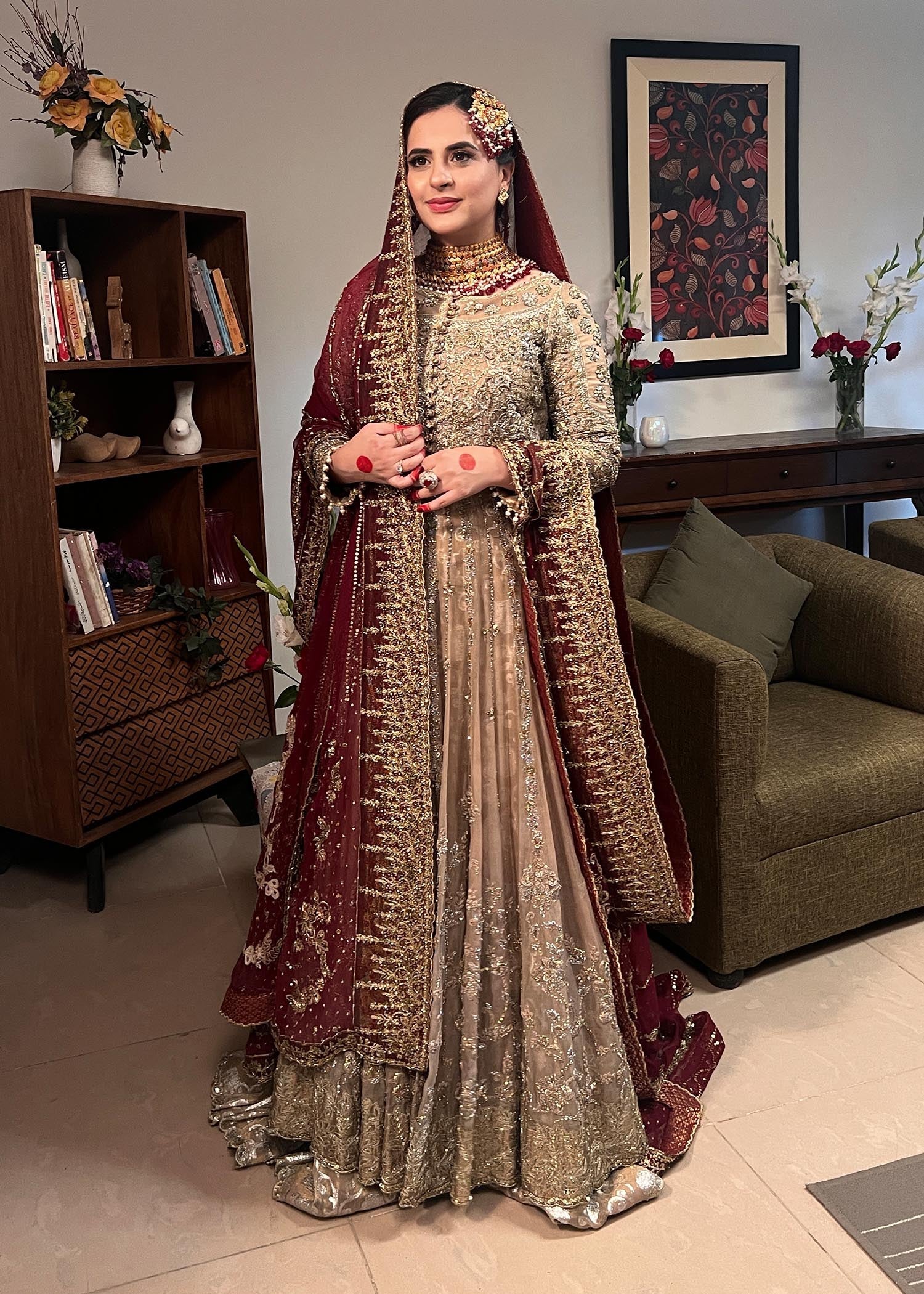 Deep Maroon Champagne Embroidered Bridal Lehenga (3-Piece) - Image 2