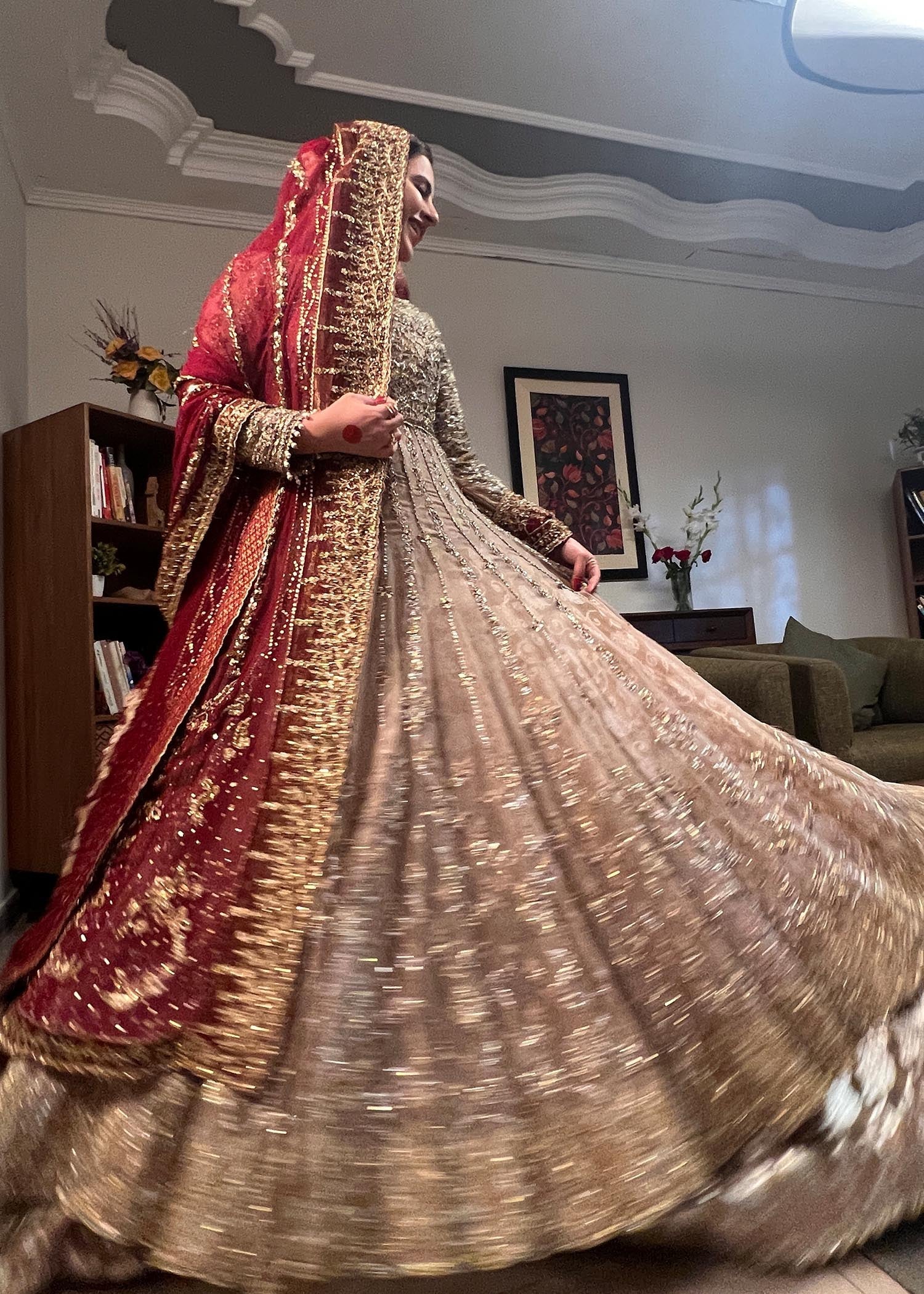 Deep Maroon Champagne Embroidered Bridal Lehenga (3-Piece) - Image 3