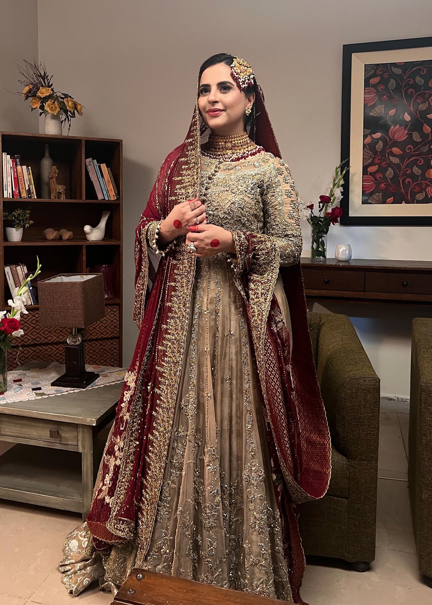 Deep Maroon Champagne Embroidered Bridal Lehenga (3-Piece) - Image 4