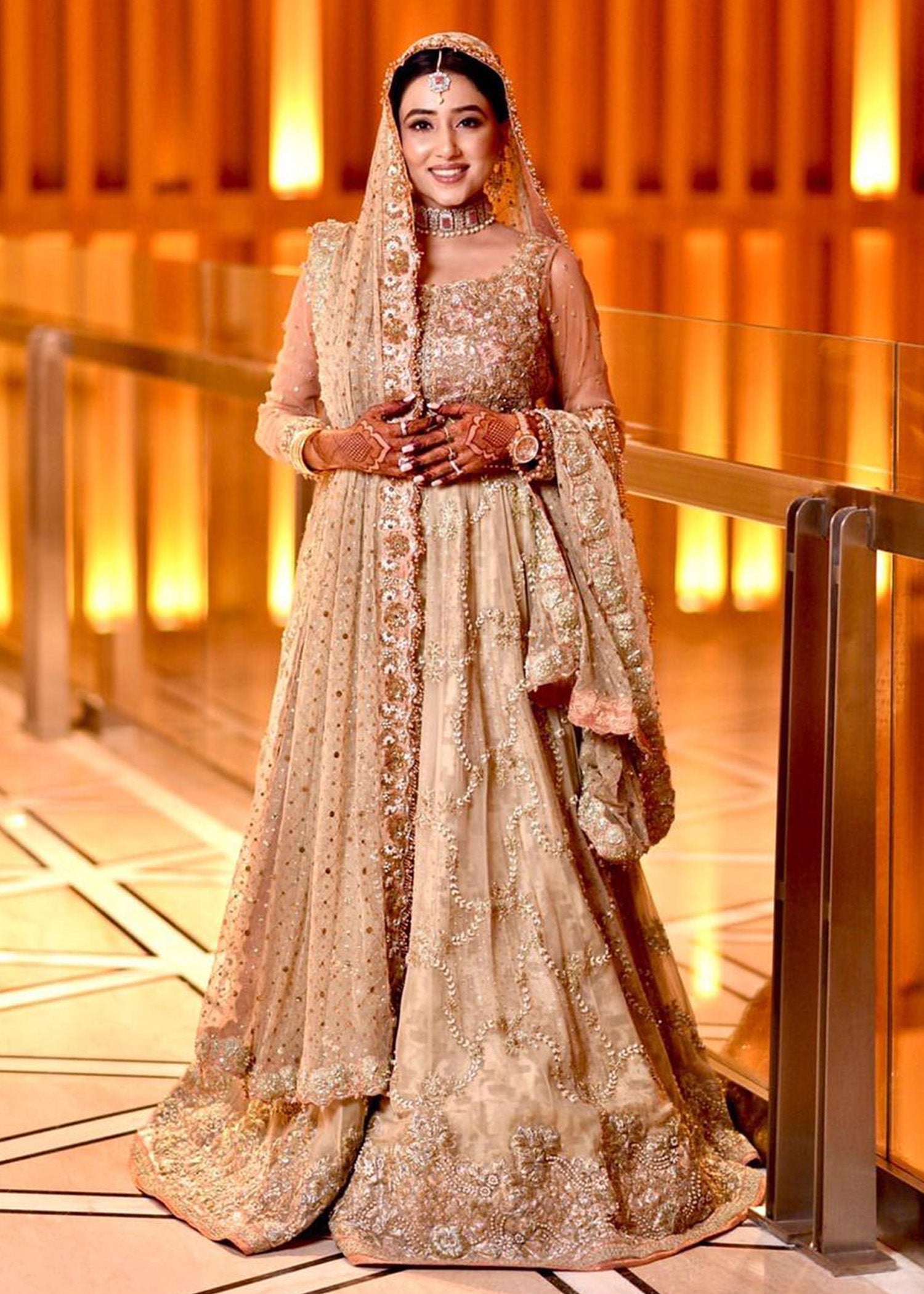 Champagne Gold Embellished Net Silk Bridal Lehenga (3-Piece) - Image 1