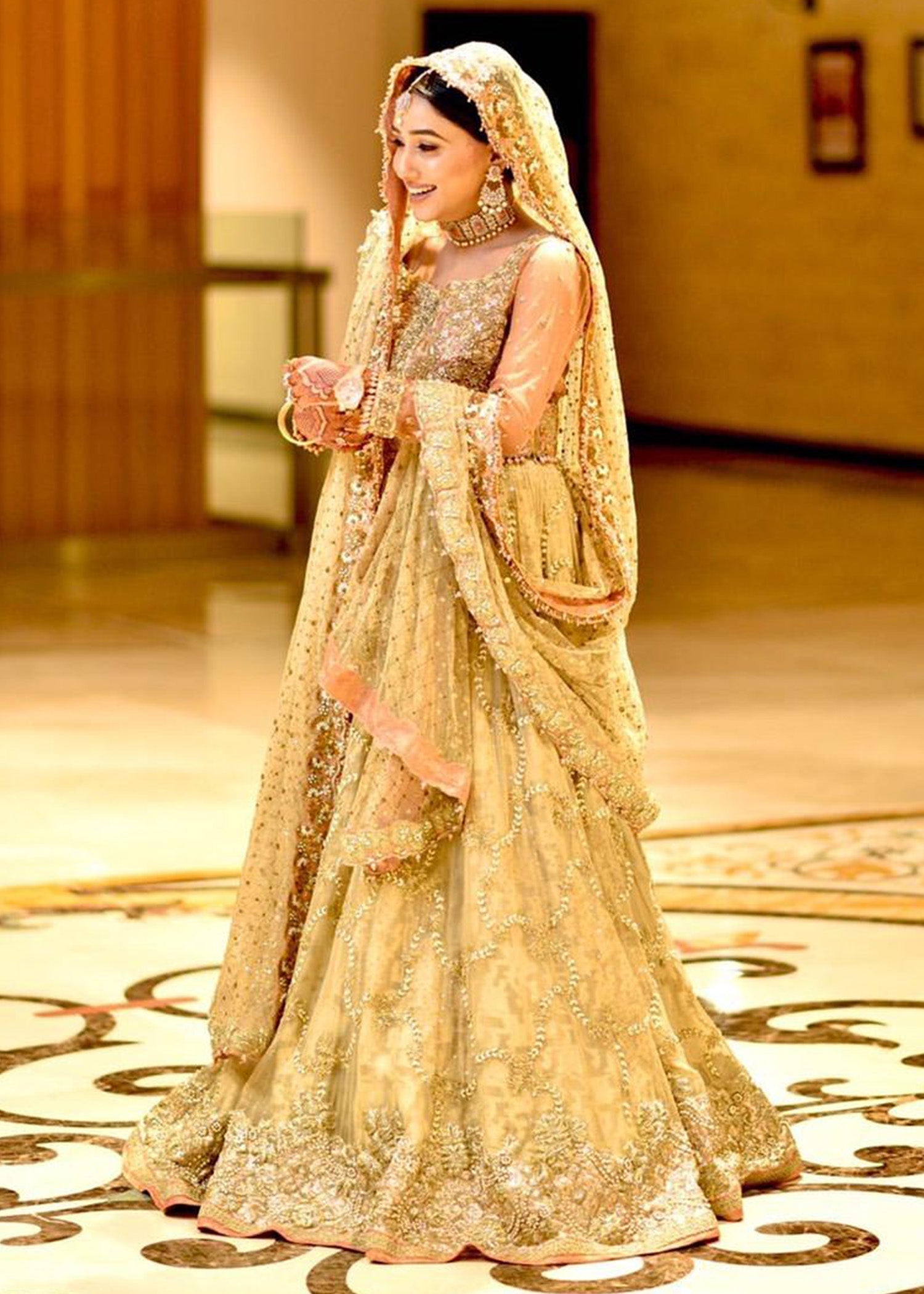 Champagne Gold Embellished Net Silk Bridal Lehenga (3-Piece) - Image 2