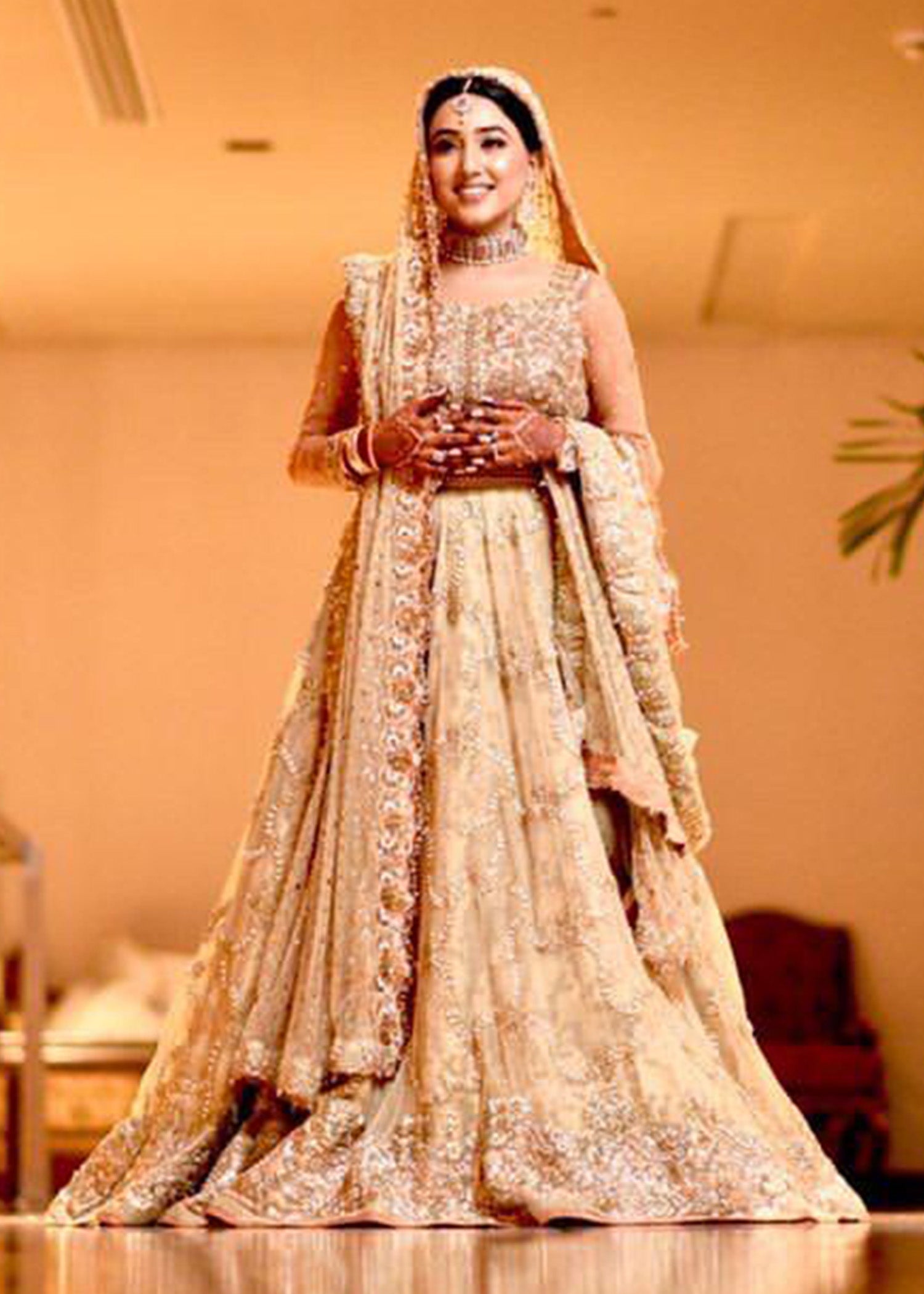 Champagne Gold Embellished Net Silk Bridal Lehenga (3-Piece) - Image 3