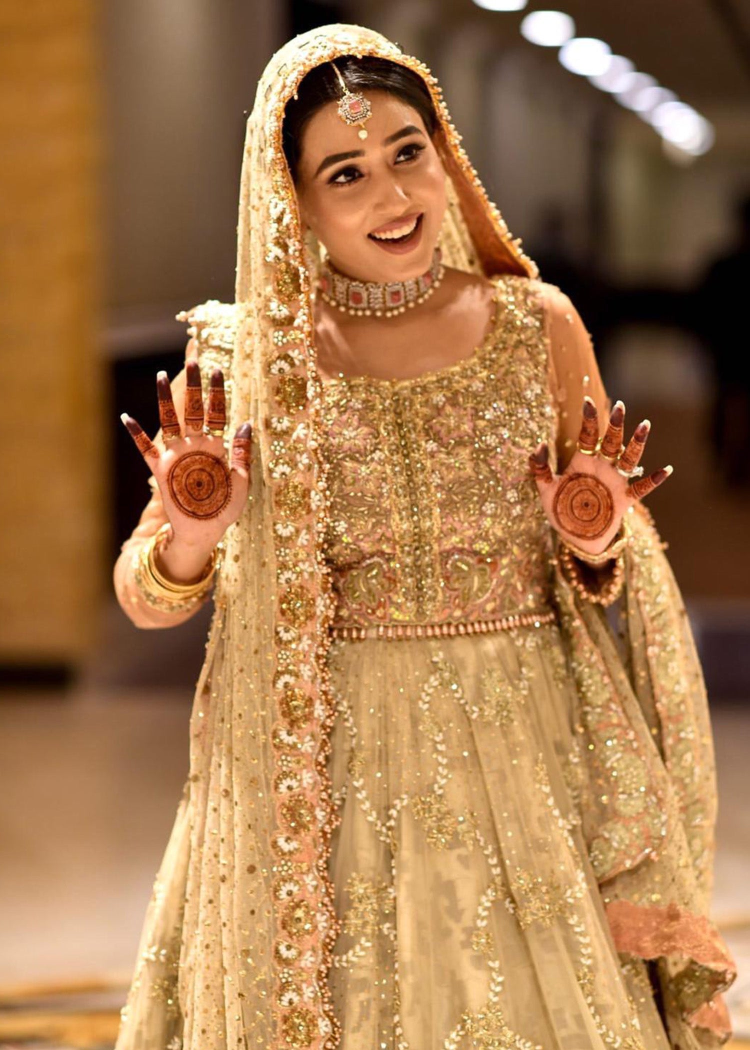 Champagne Gold Embellished Net Silk Bridal Lehenga (3-Piece) - Image 4