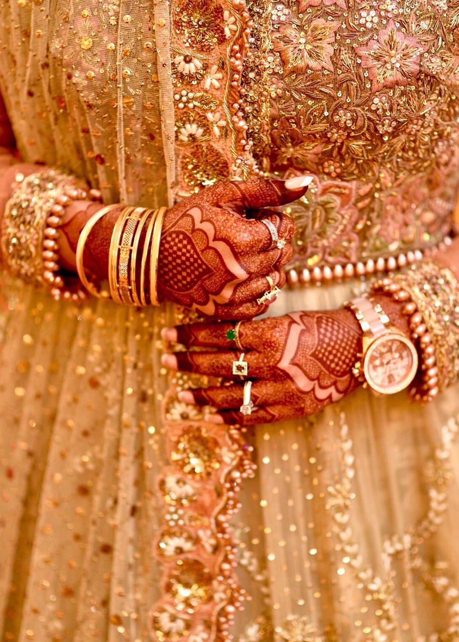 Champagne Gold Embellished Net Silk Bridal Lehenga (3-Piece) - Image 5