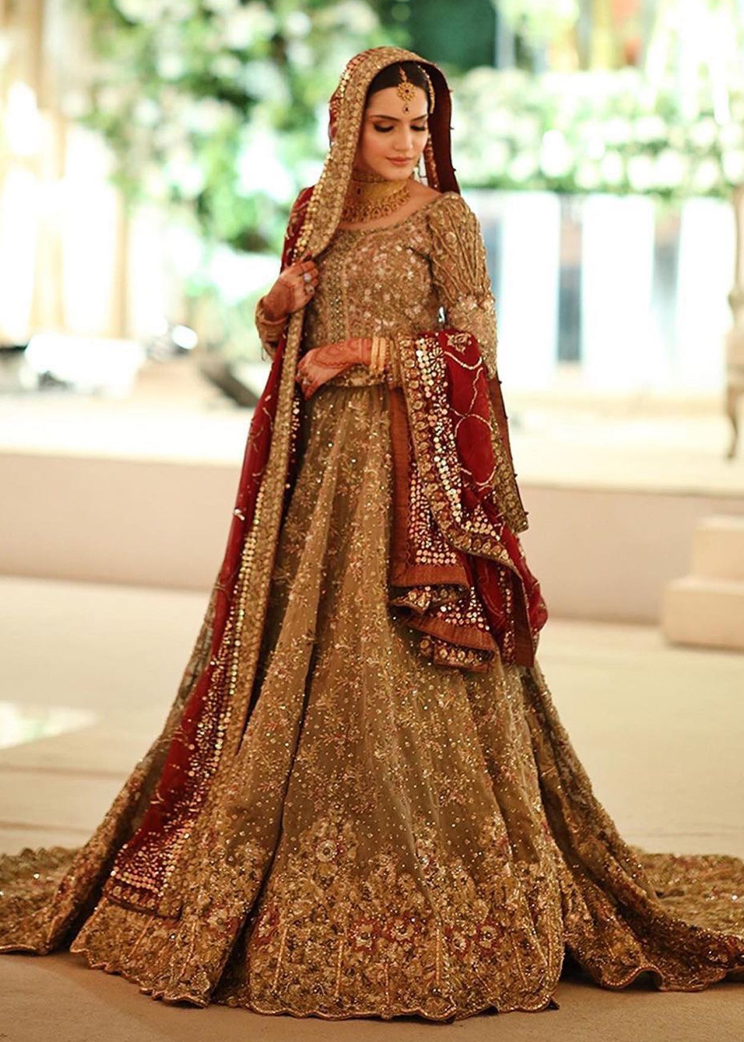 Pakistani Antique Gold Embellished Net Bridal Lehenga (3-Piece) - Image 1