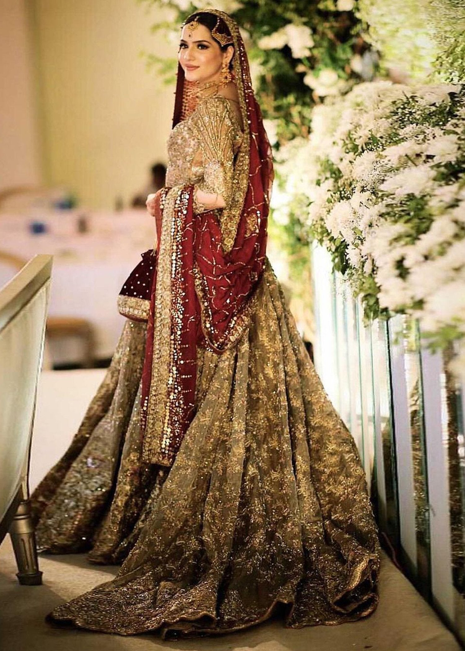 Pakistani Antique Gold Embellished Net Bridal Lehenga (3-Piece) - Image 2