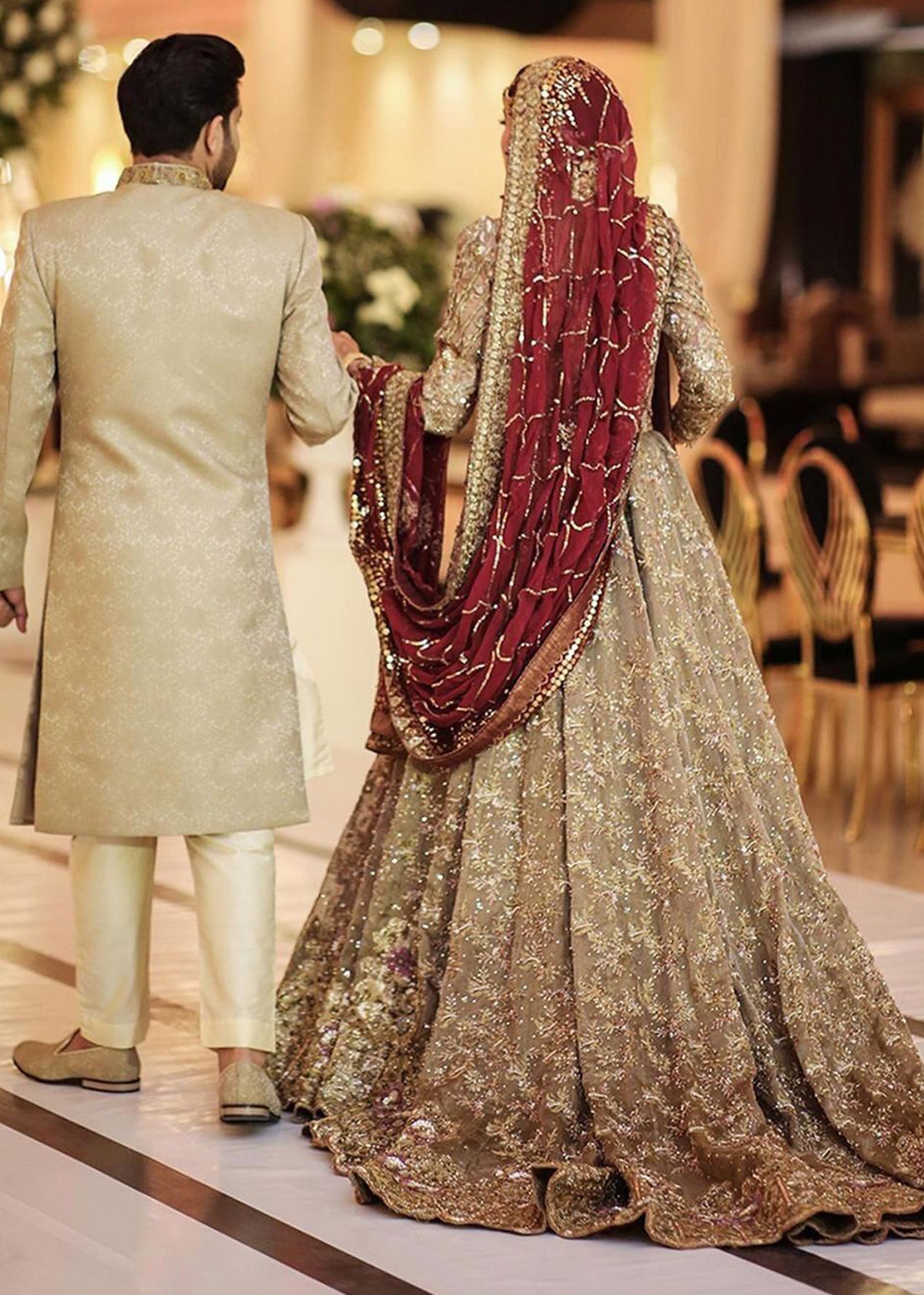 Pakistani Antique Gold Embellished Net Bridal Lehenga (3-Piece) - Image 3