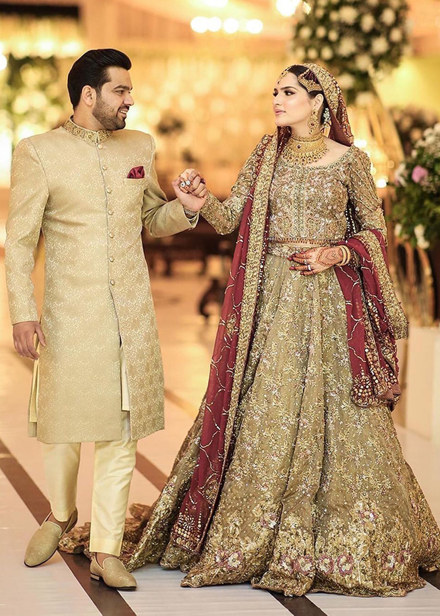 Pakistani Antique Gold Embellished Net Bridal Lehenga (3-Piece) - Image 5