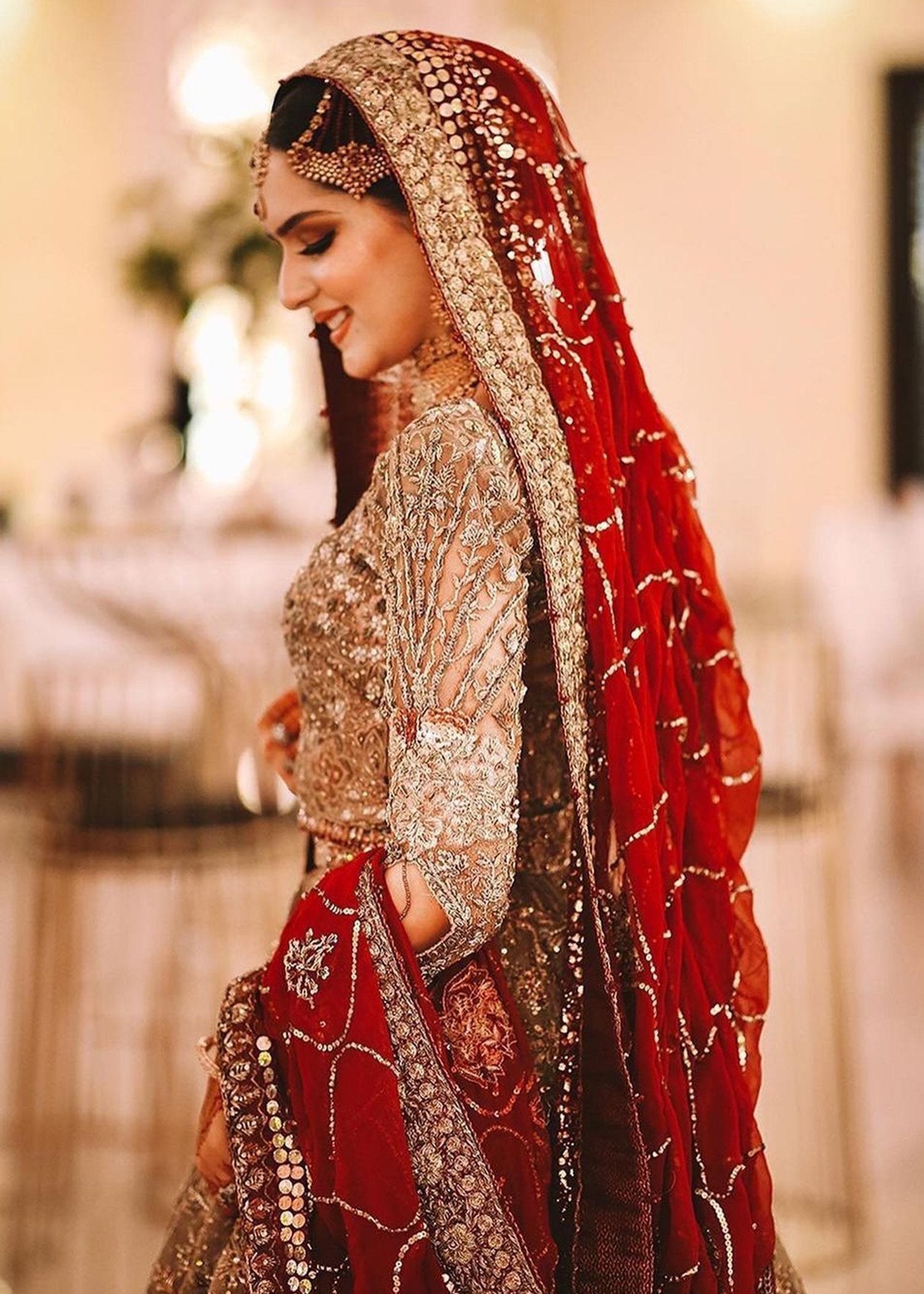 Pakistani Antique Gold Embellished Net Bridal Lehenga (3-Piece) - Image 7