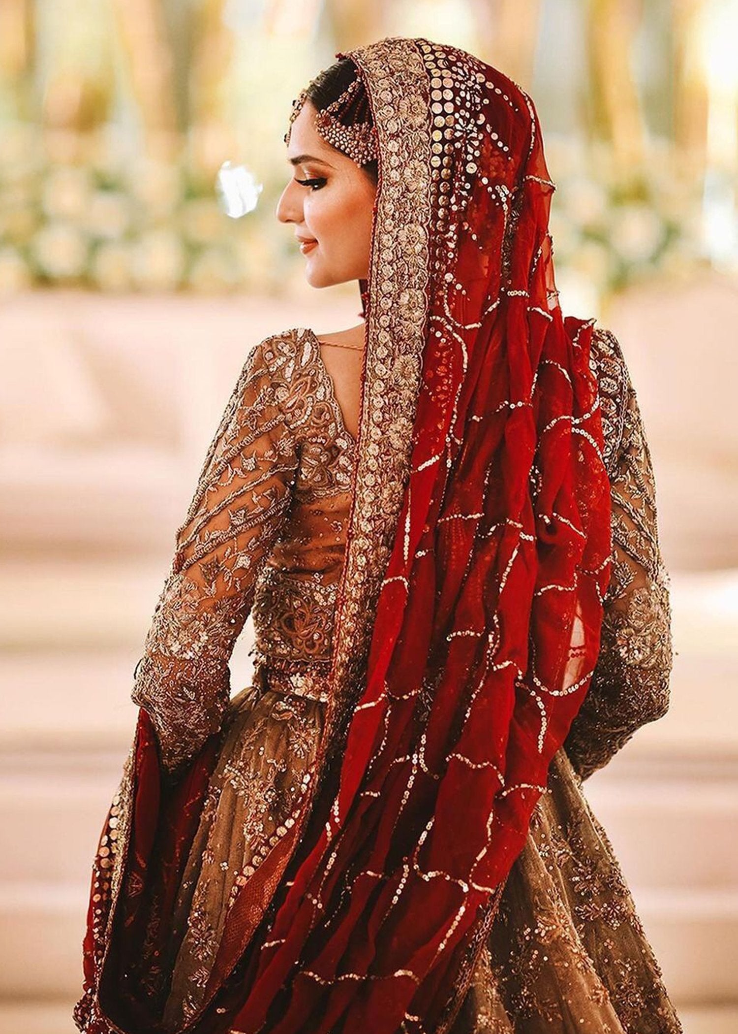 Pakistani Antique Gold Embellished Net Bridal Lehenga (3-Piece) - Image 8