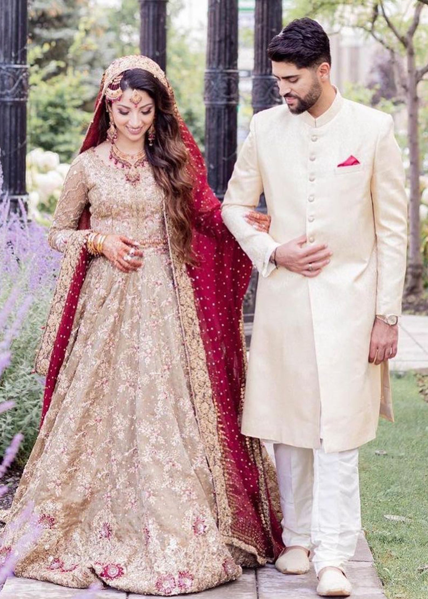 Antique Gold Embellished Net Bridal Lehenga (3-Piece) - Image 1