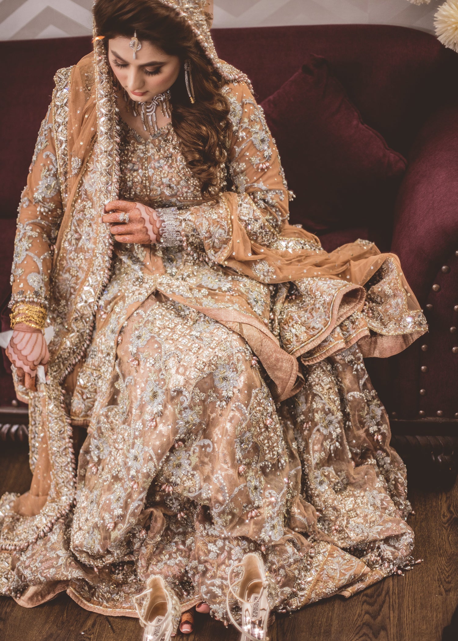 Pakistani Champagne Gold Embellished Net Bridal Lehenga (3-Piece) - Image 1