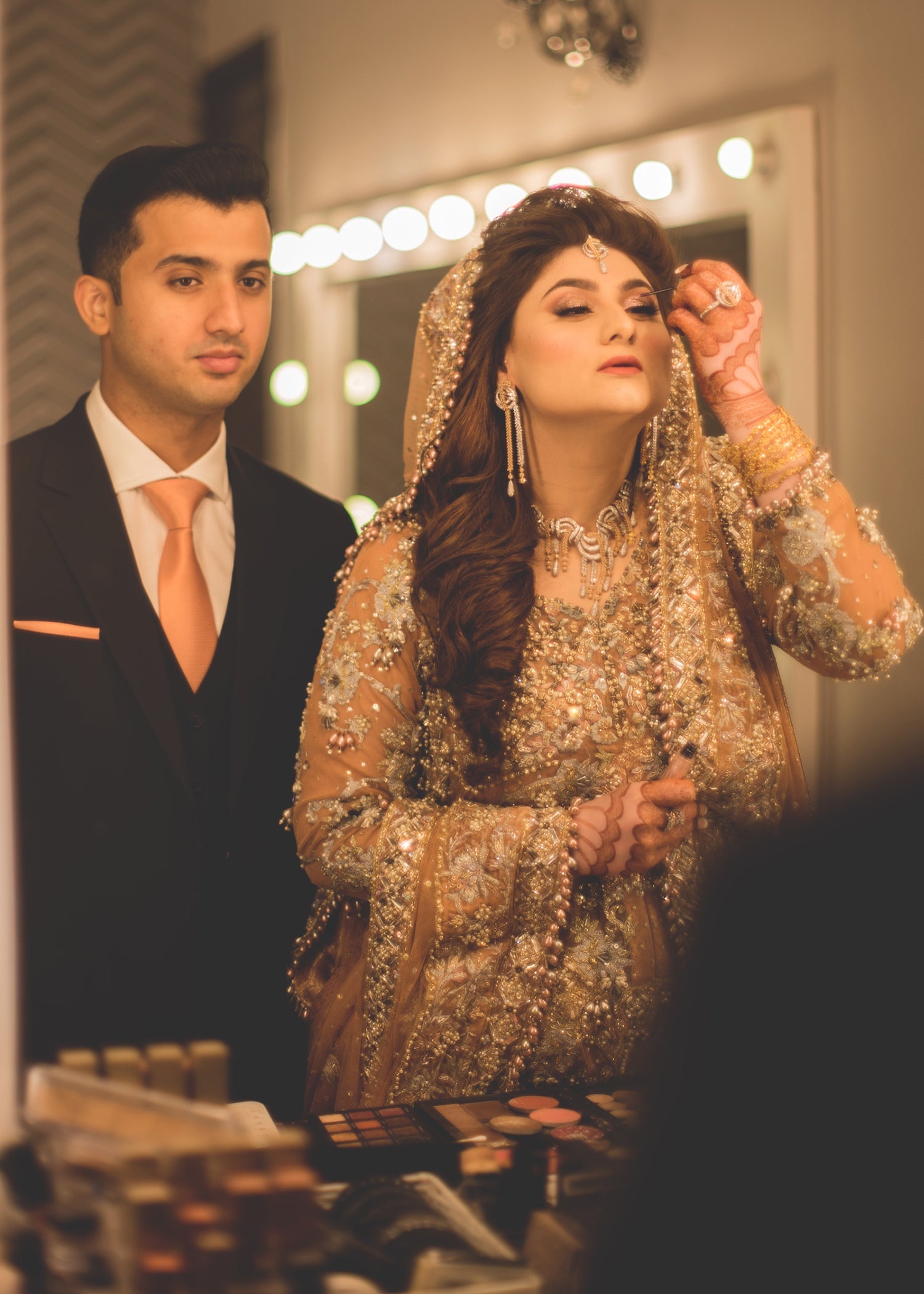 Pakistani Champagne Gold Embellished Net Bridal Lehenga (3-Piece) - Image 5