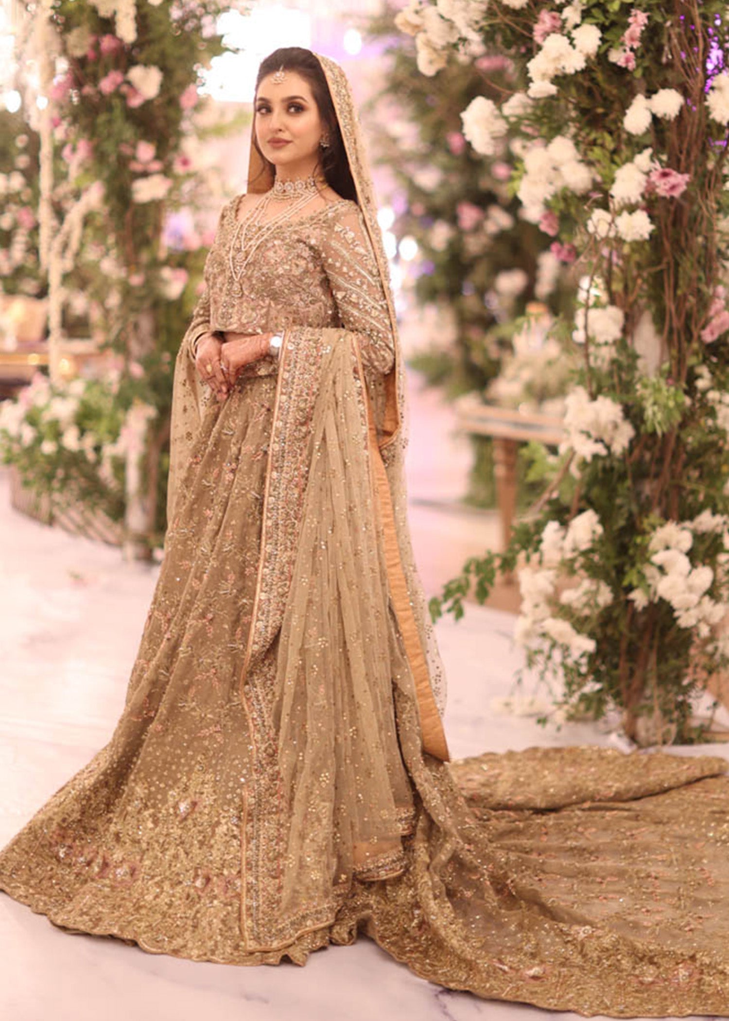 Pakistani Antique Gold Embroidered Net Bridal Lehenga (3-Piece) - Image 1