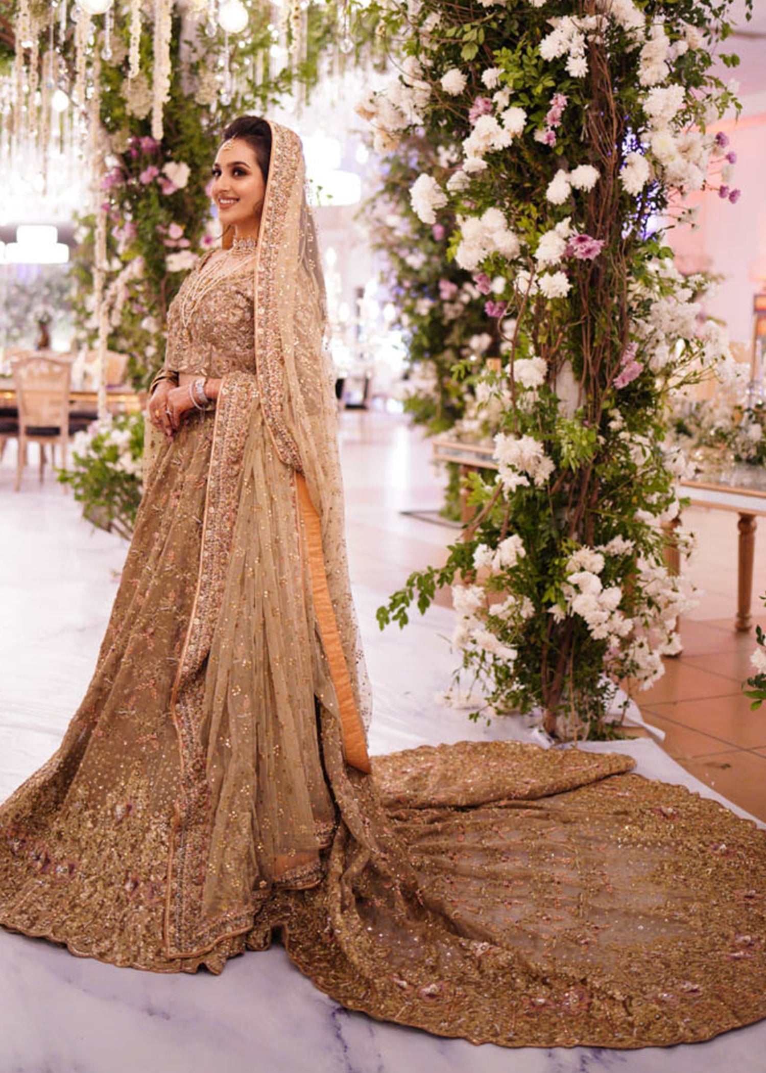 Pakistani Antique Gold Embroidered Net Bridal Lehenga (3-Piece) - Image 2