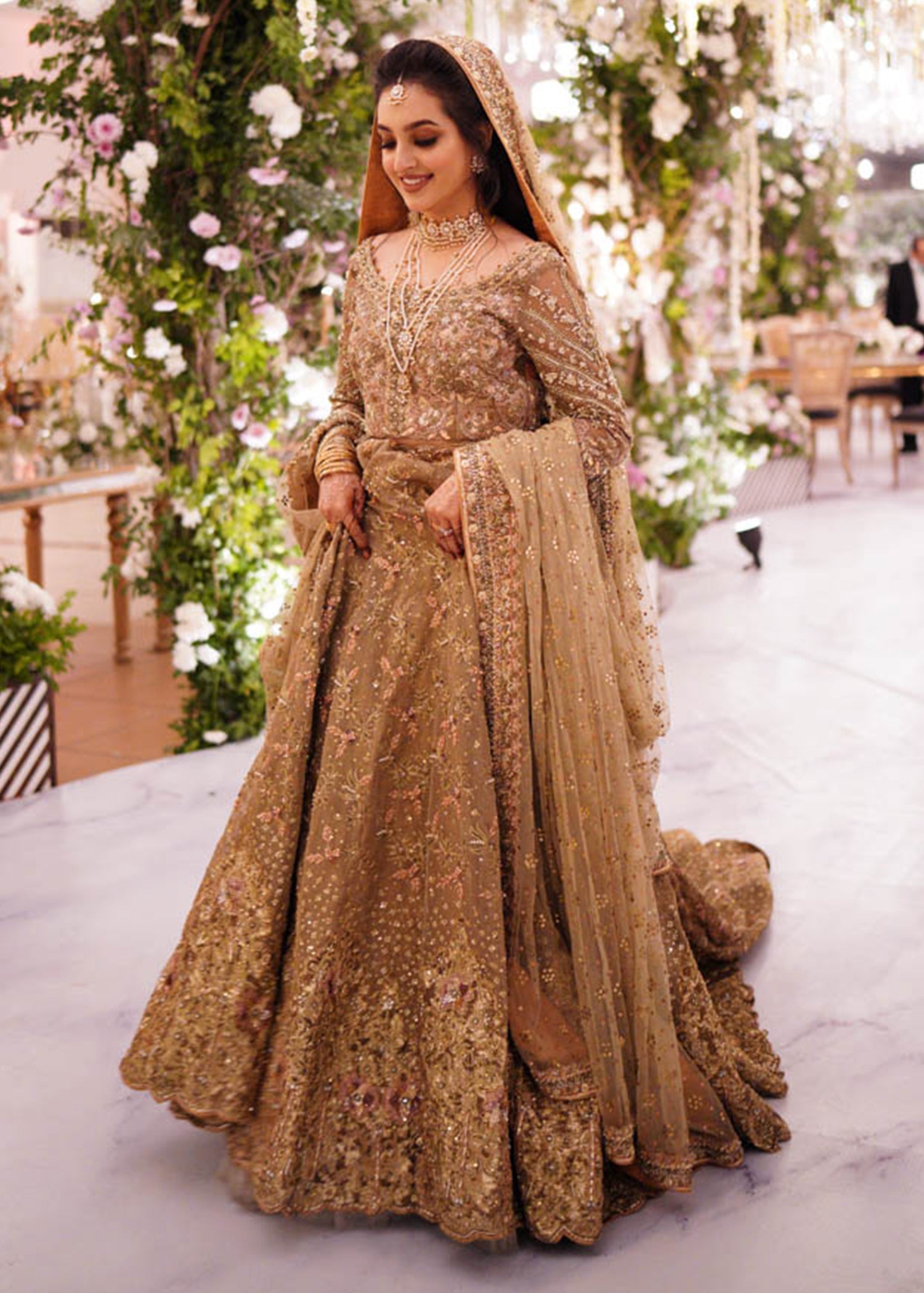 Pakistani Antique Gold Embroidered Net Bridal Lehenga (3-Piece) - Image 3