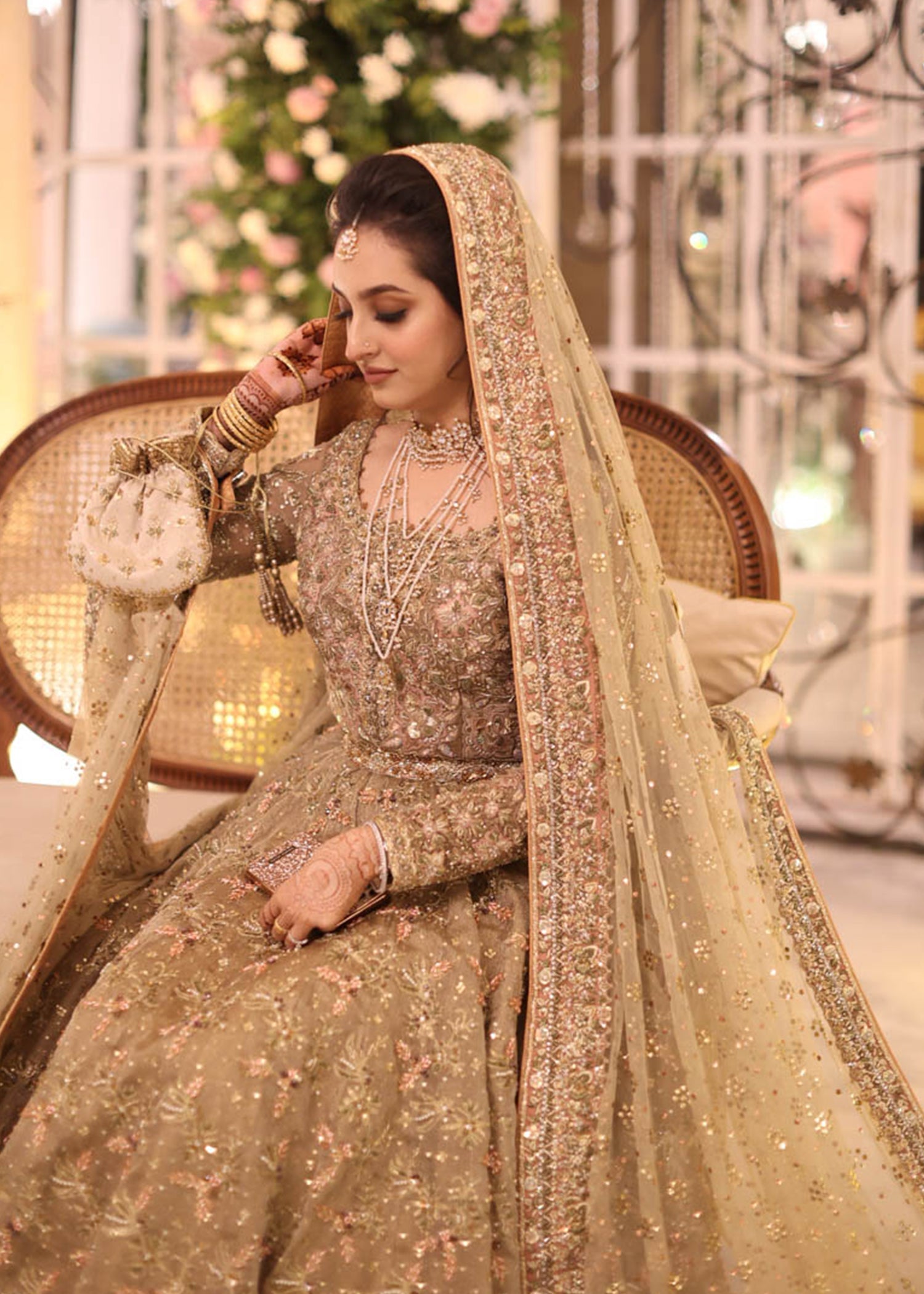 Pakistani Antique Gold Embroidered Net Bridal Lehenga (3-Piece) - Image 4