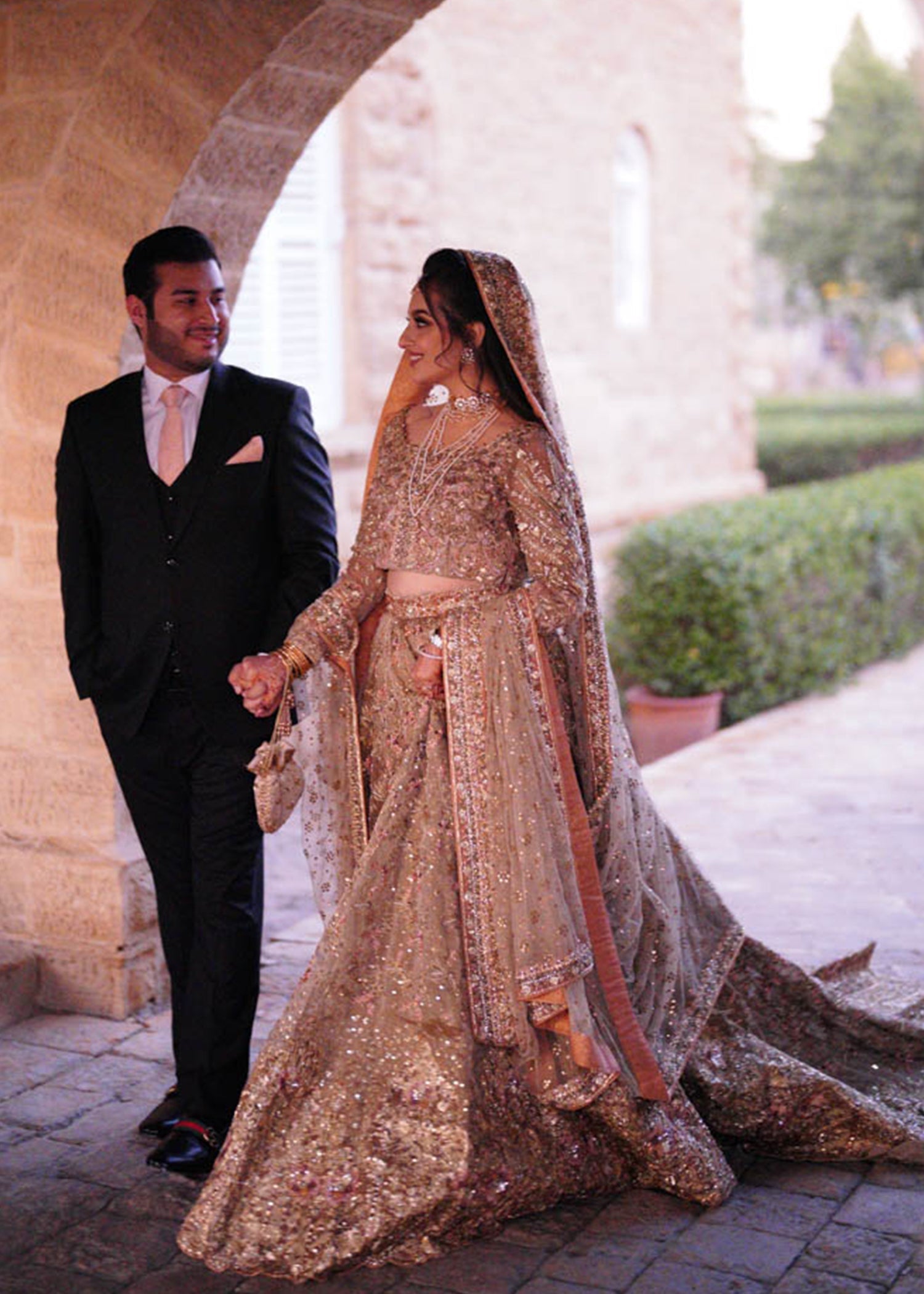 Pakistani Antique Gold Embroidered Net Bridal Lehenga (3-Piece) - Image 6