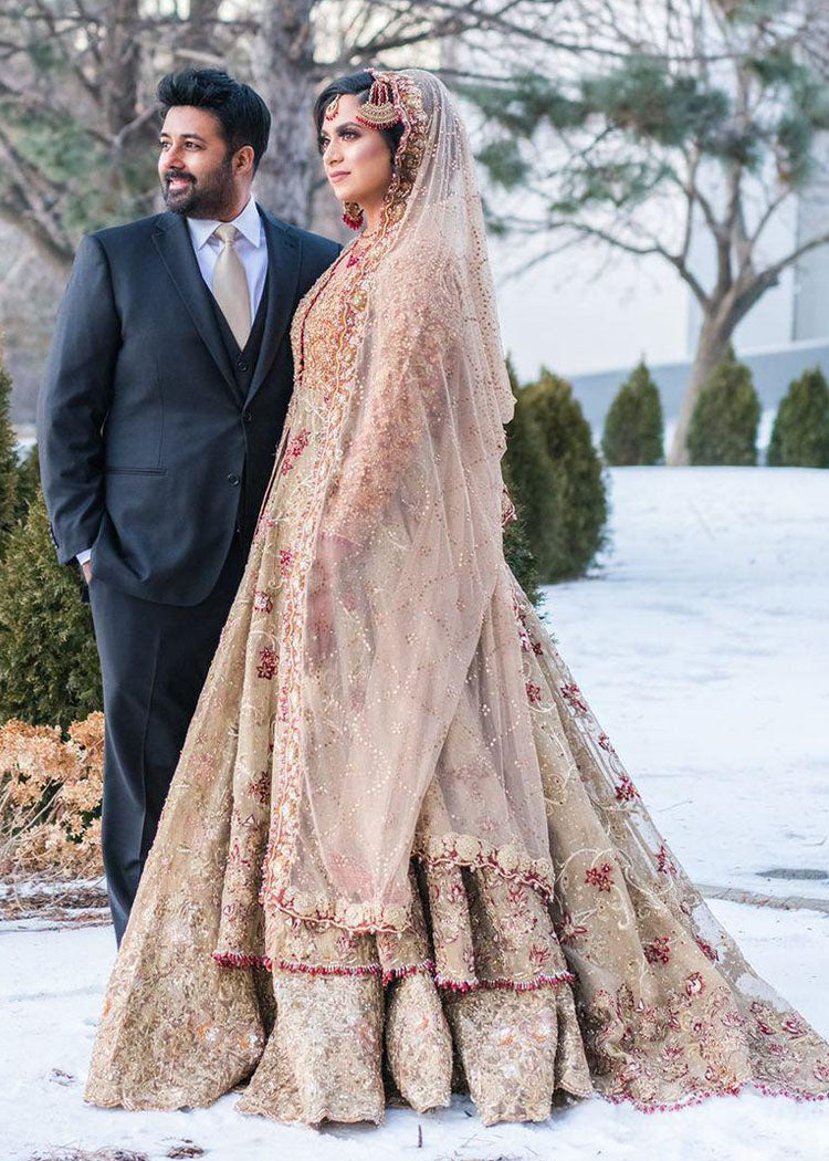 Antique Gold Embellished Net Silk Bridal Lehenga (3-Piece) - Image 3