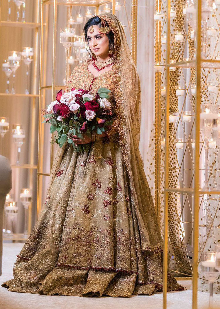 Antique Gold Embellished Net Silk Bridal Lehenga (3-Piece) - Image 4