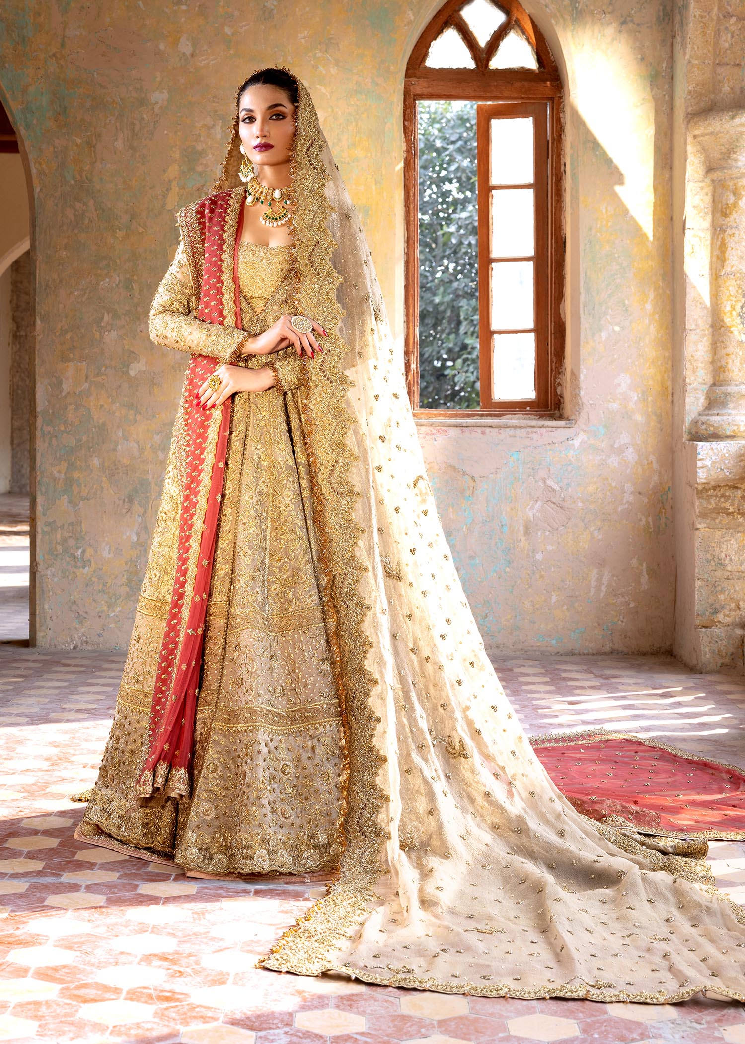 Pakistani Champagne Gold Embellished Net Bridal Lehenga (3-Piece) - Image 1