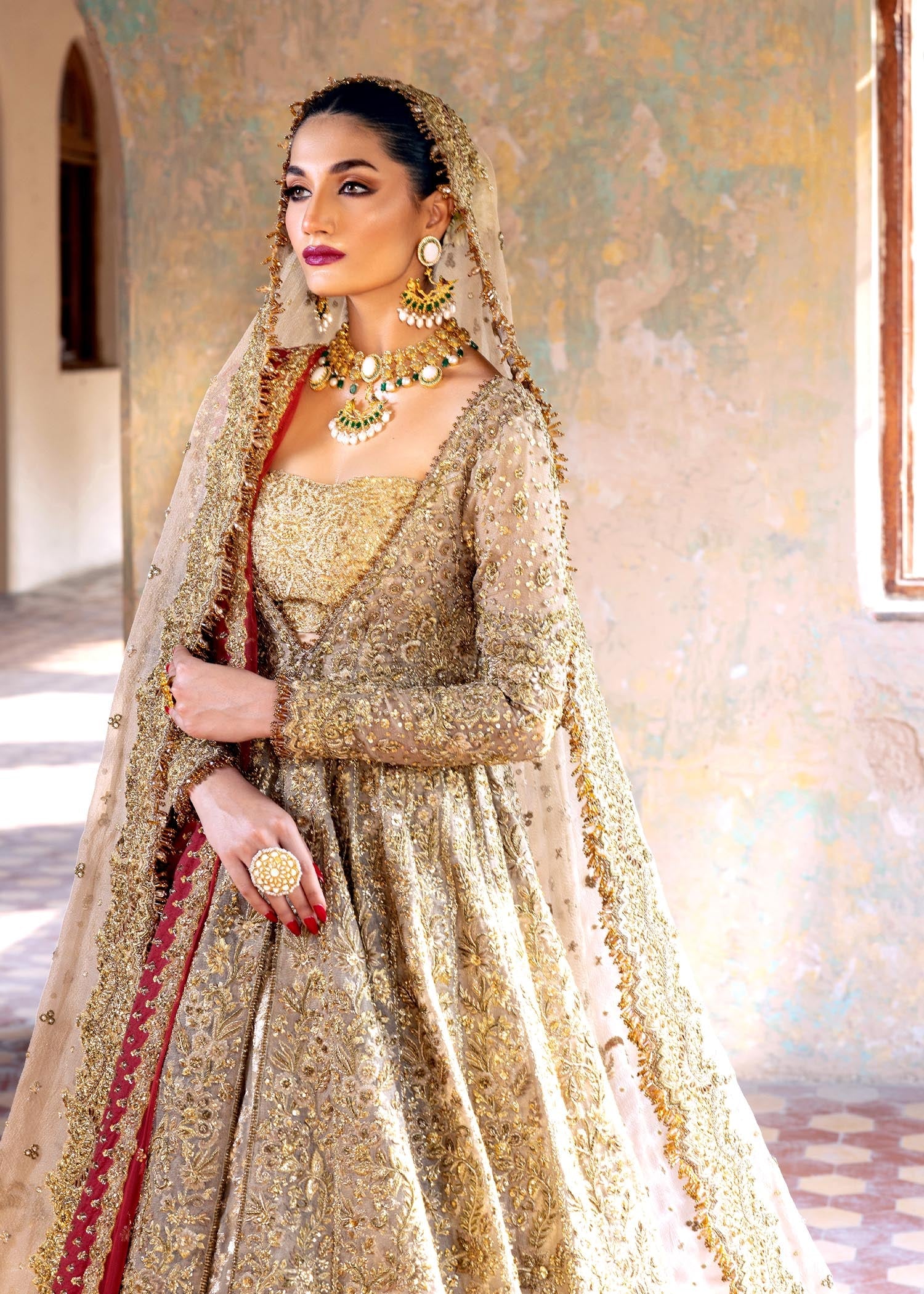 Pakistani Champagne Gold Embellished Net Bridal Lehenga (3-Piece) - Image 2
