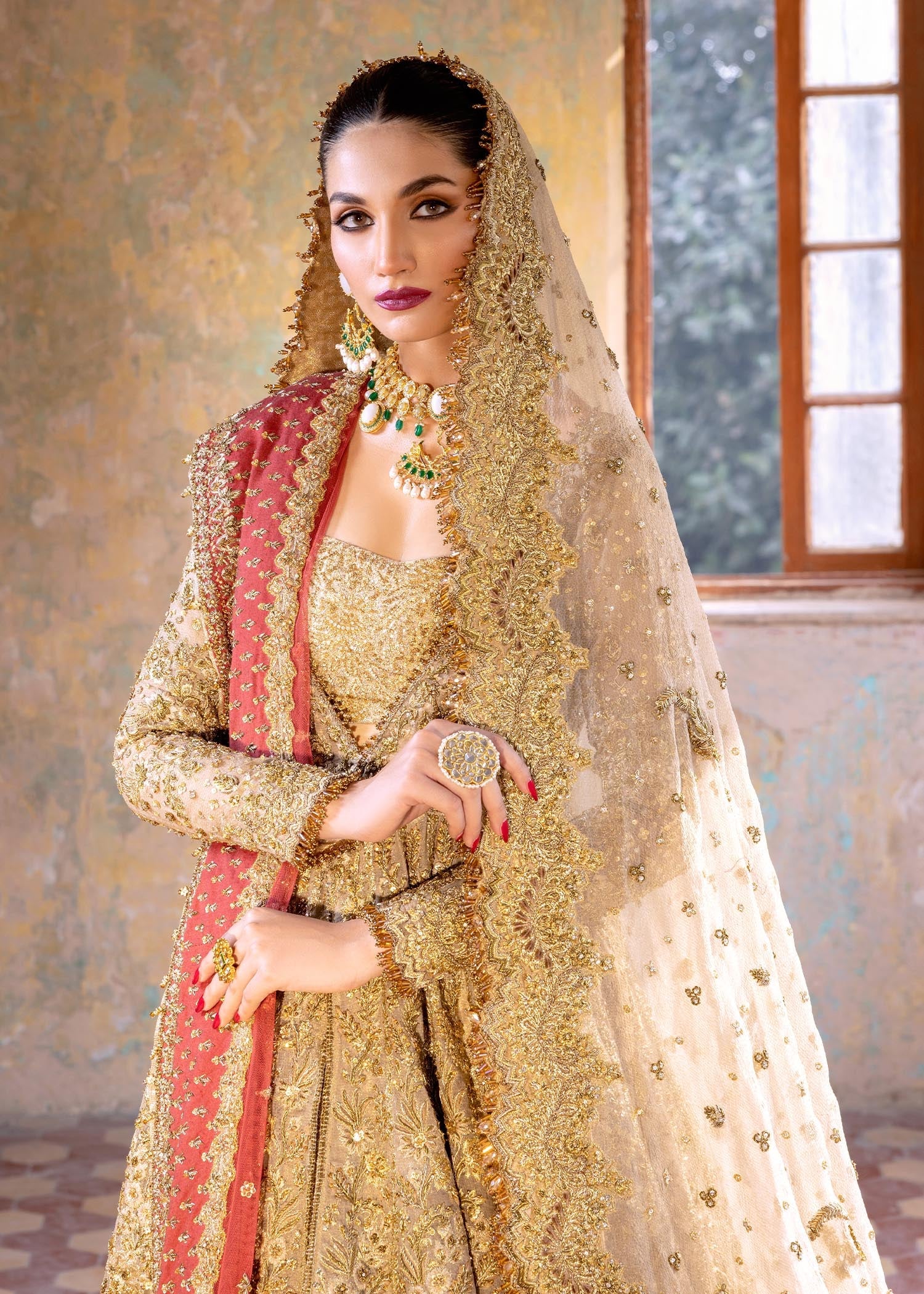 Pakistani Champagne Gold Embellished Net Bridal Lehenga (3-Piece) - Image 3