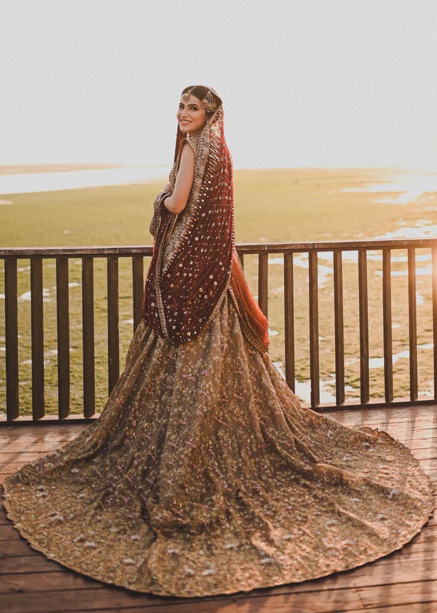 Deep Maroon Gold Embellished Net Silk Bridal Lehenga (3-Piece) - Image 1