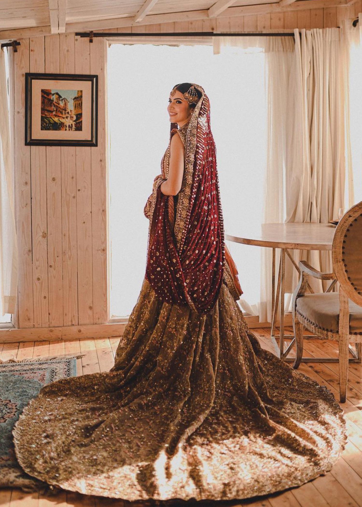 Deep Maroon Gold Embellished Net Silk Bridal Lehenga (3-Piece) - Image 2