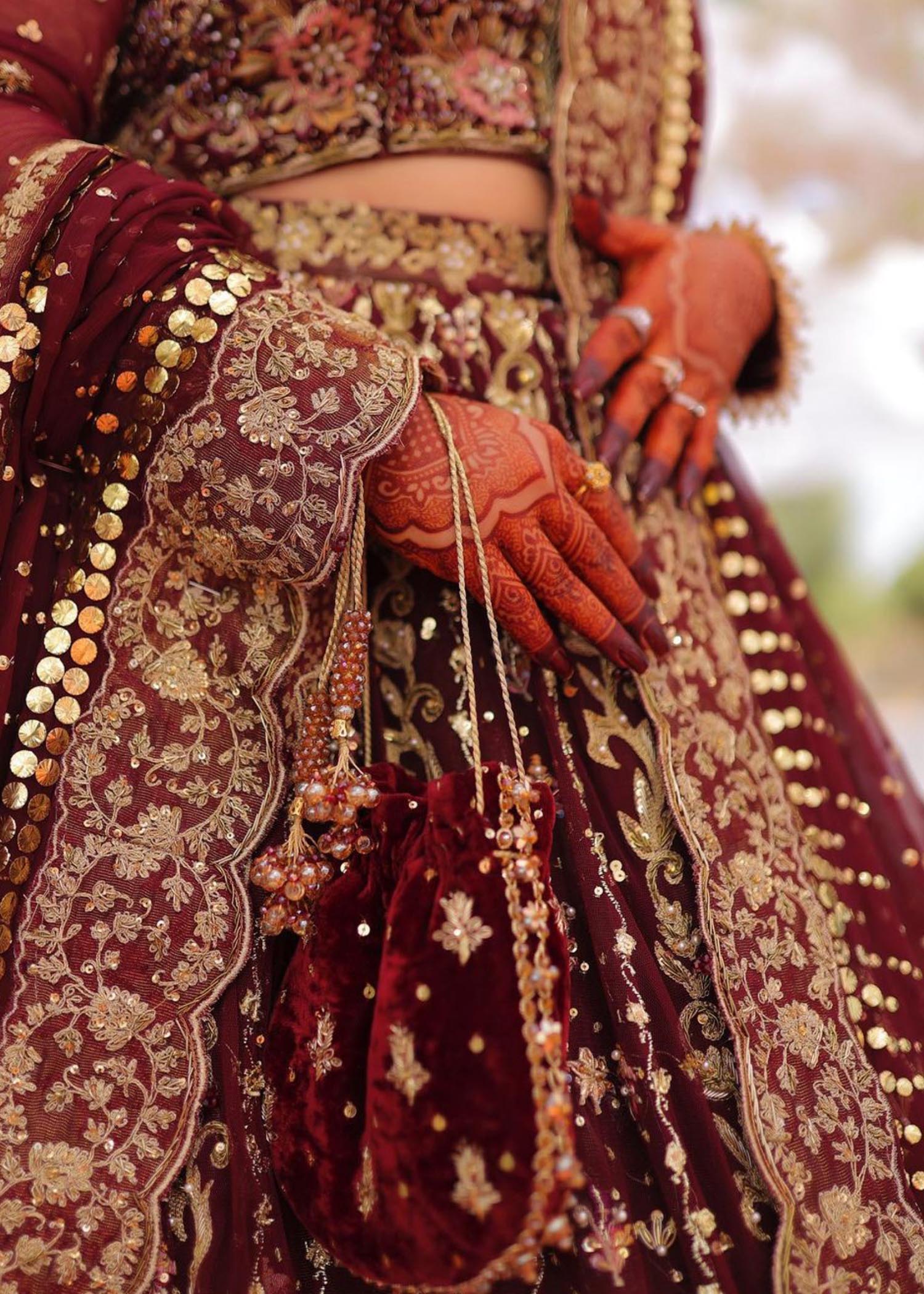 Deep Maroon Gold Embellished Net Silk Bridal Lehenga (3-Piece) - Image 3
