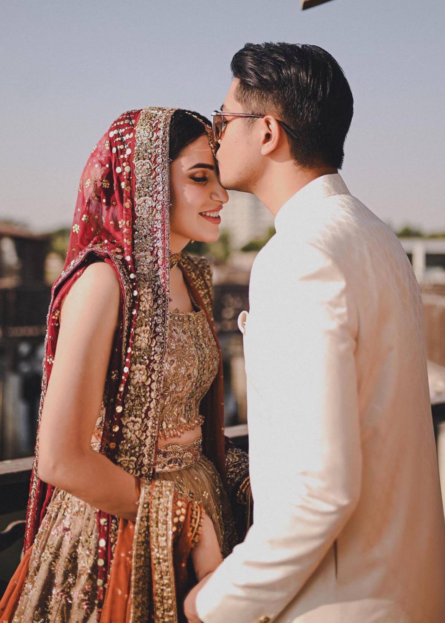 Deep Maroon Gold Embellished Net Silk Bridal Lehenga (3-Piece) - Image 5