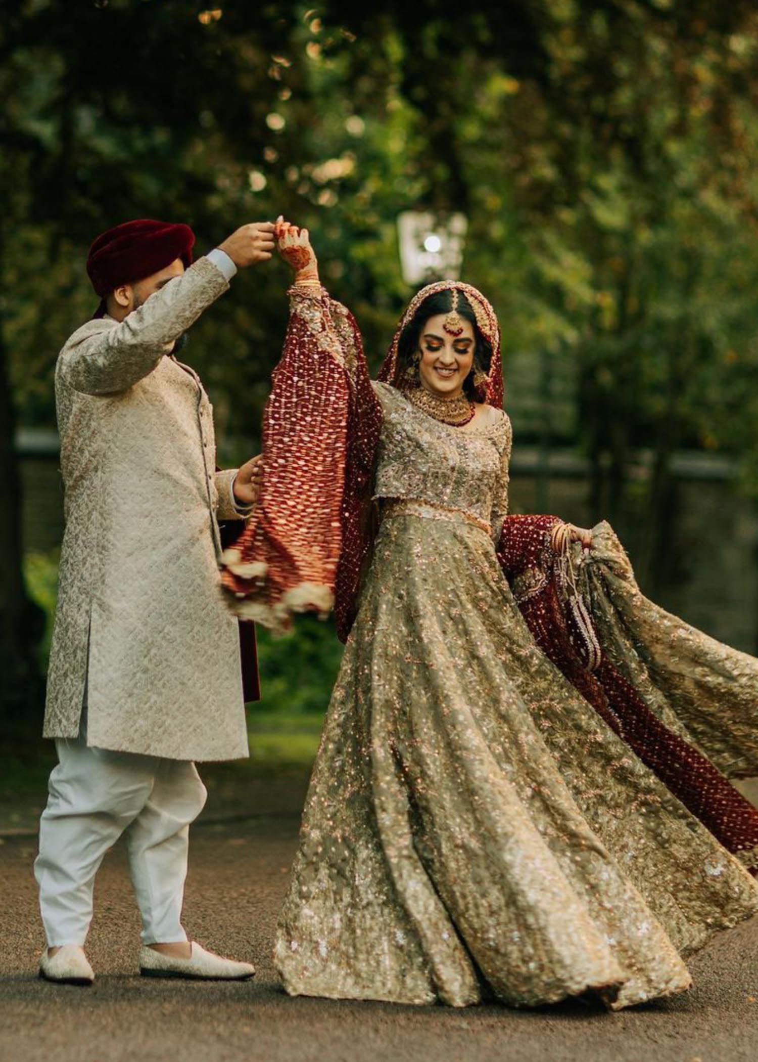 Antique Gold Embellished Net Bridal Lehenga (3-Piece) - Image 1