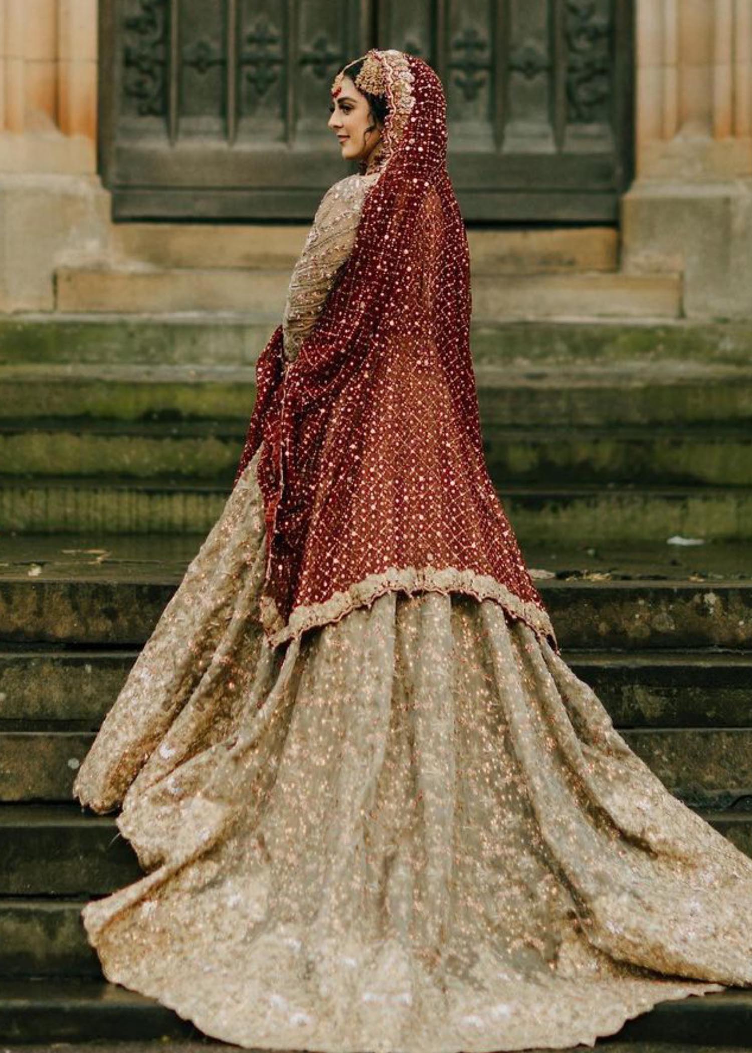 Antique Gold Embellished Net Bridal Lehenga (3-Piece) - Image 3