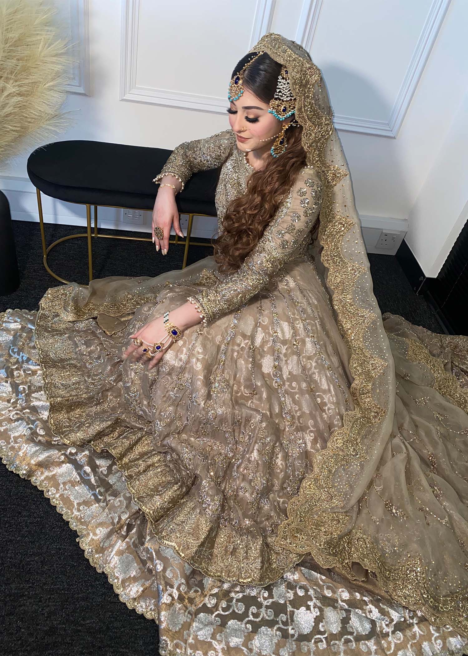 Champagne Gold Embellished Net Bridal Lehenga (3-Piece) - Image 4