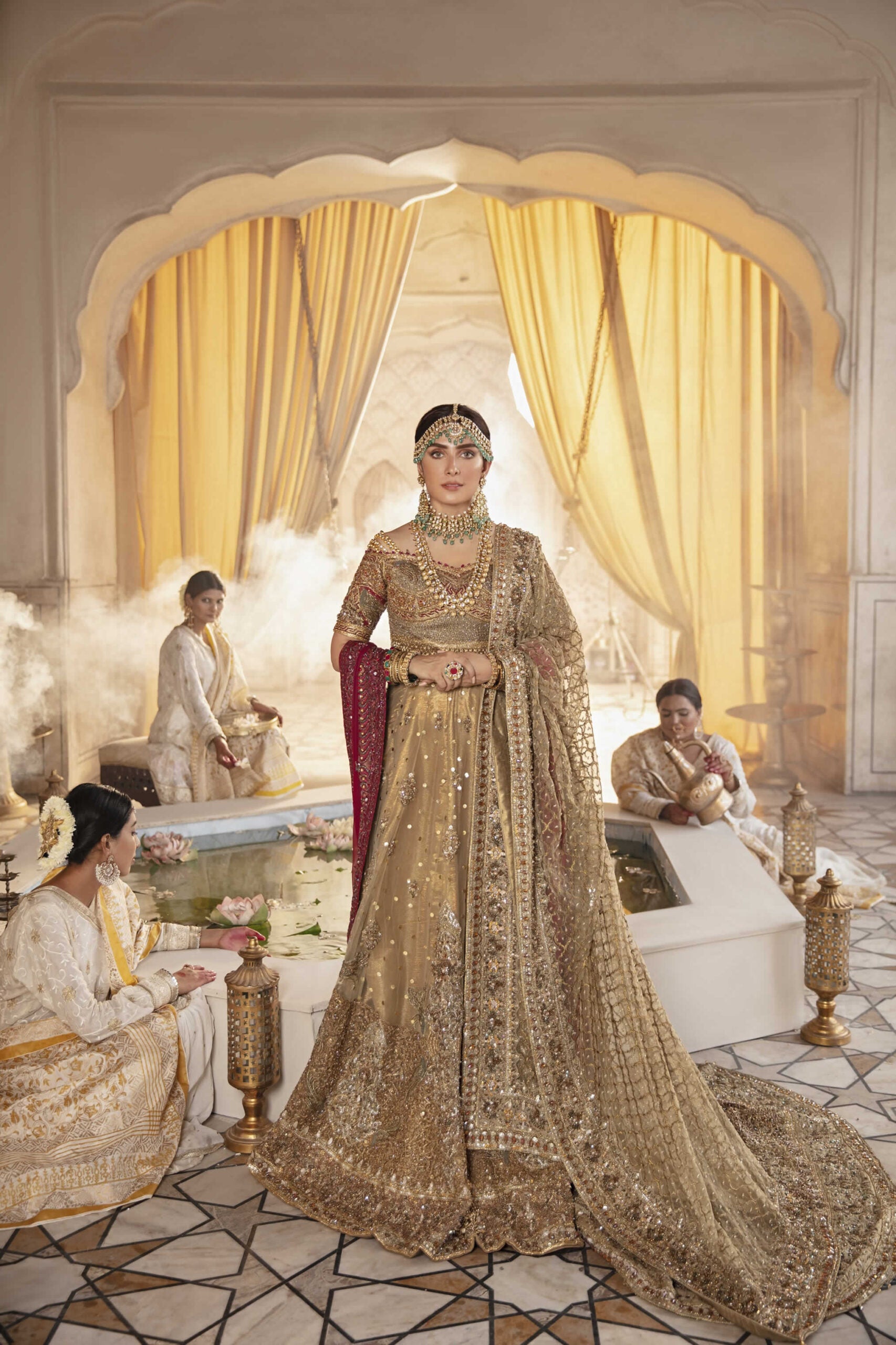 Antique Gold Embellished Net Lehnga Choli (3-Piece) - Image 2