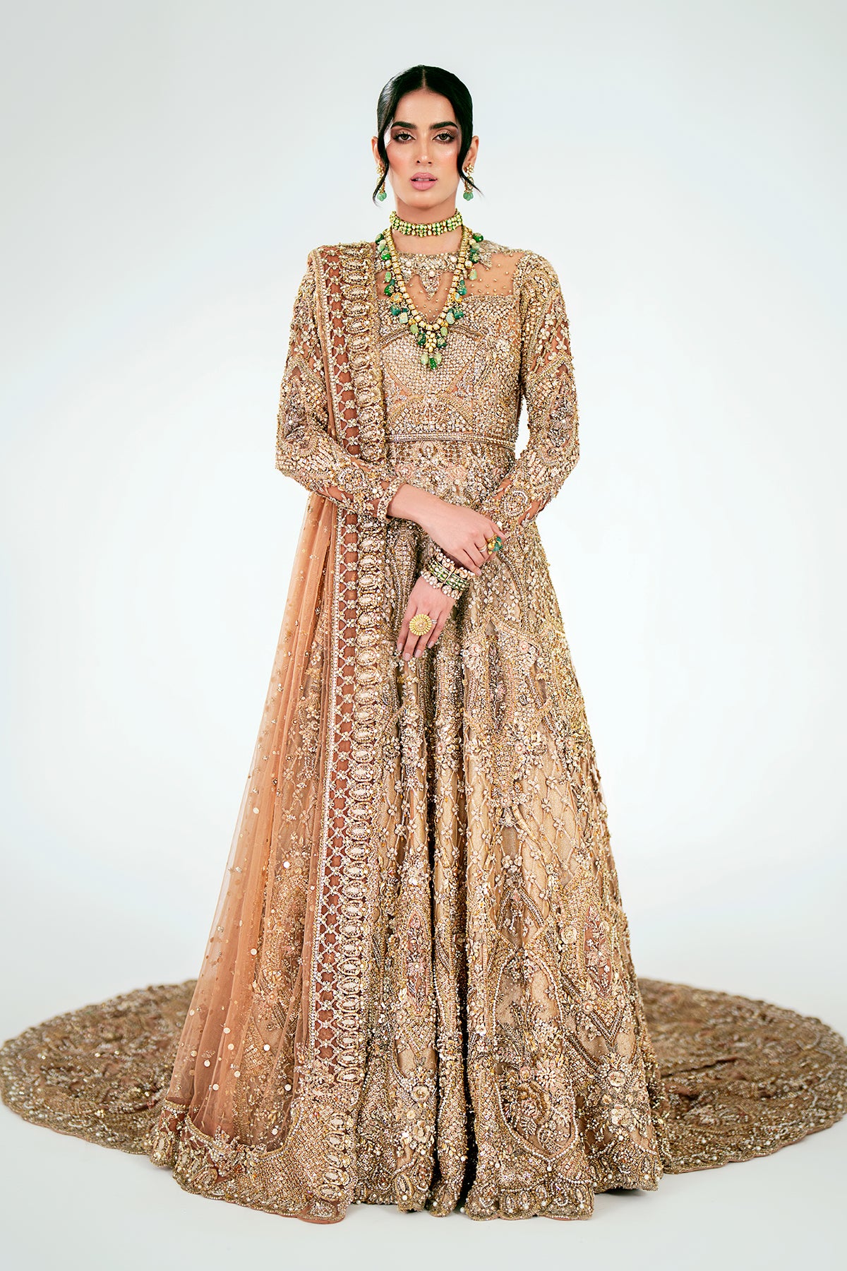 Rust Gold Embellished Net Bridal Lehenga (3-Piece) - Image 1