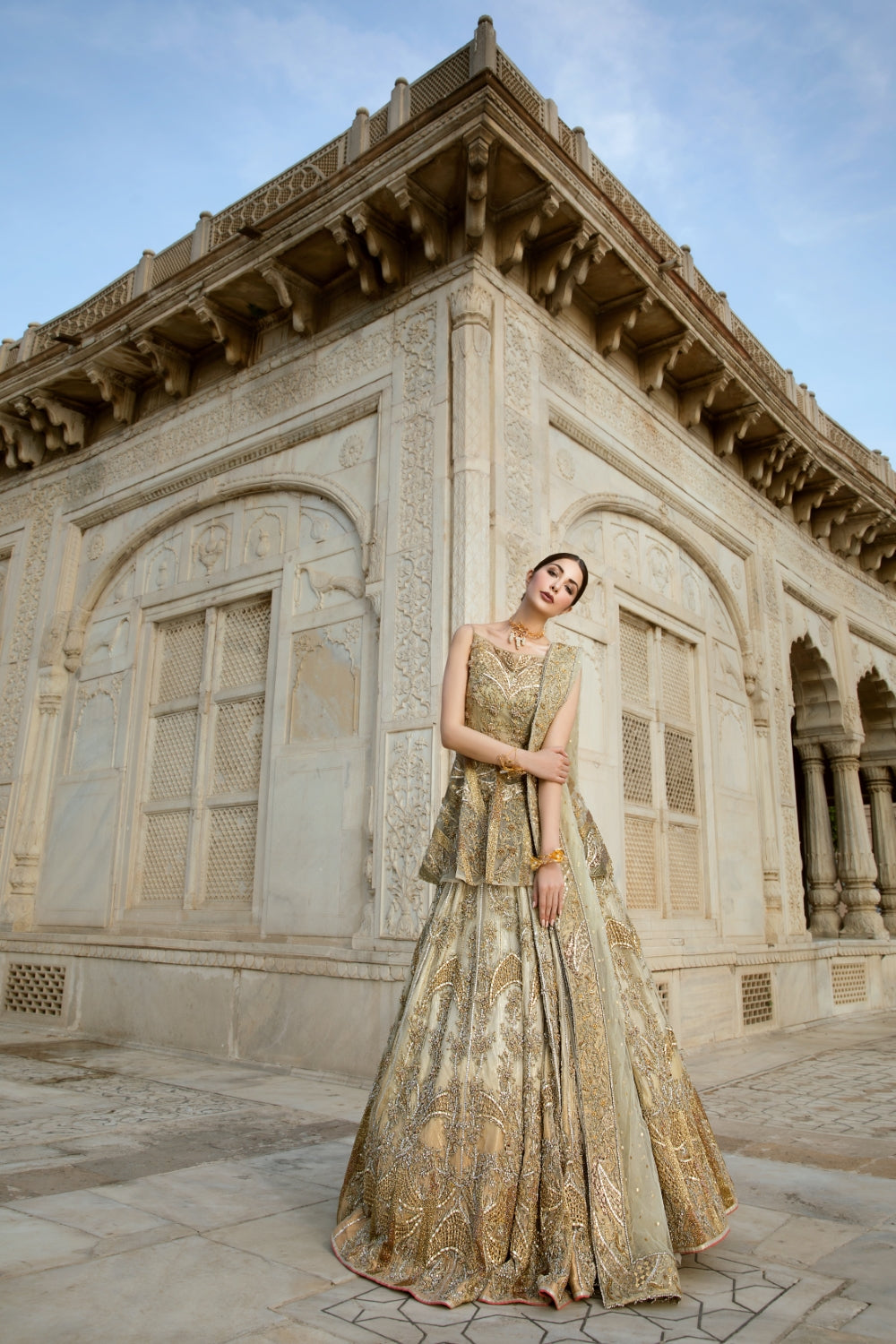 Pakistani Gold Embellished Net Bridal Lehenga (3-Piece) - Image 3