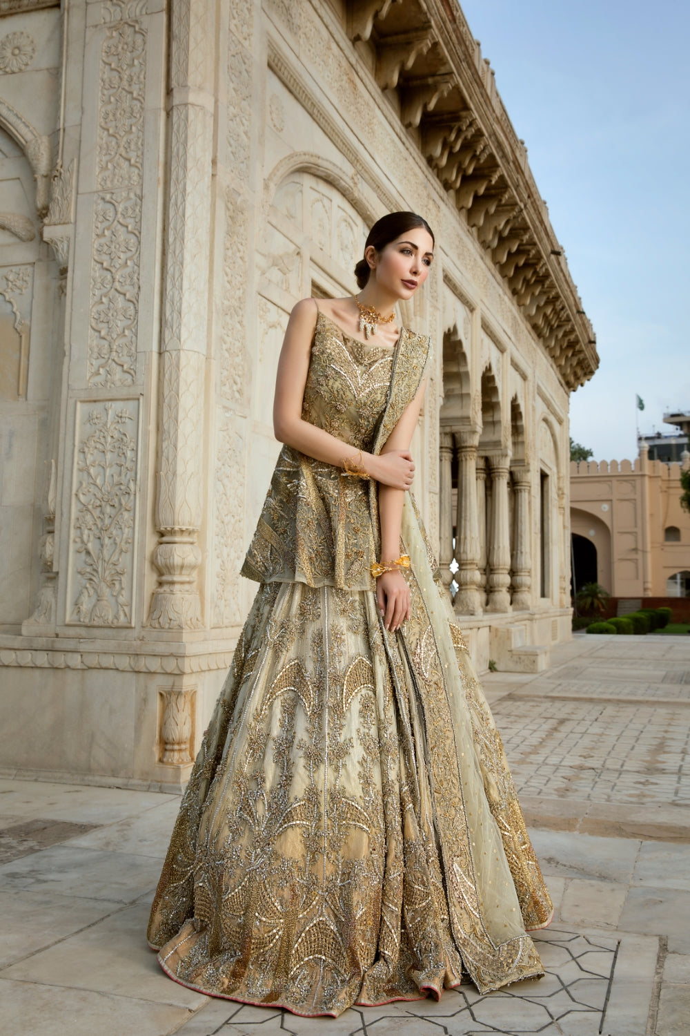 Pakistani Gold Embellished Net Bridal Lehenga (3-Piece) - Image 4