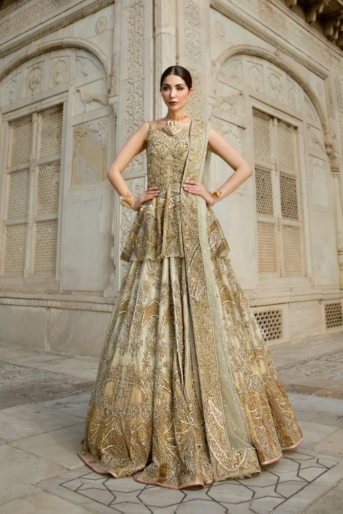 Gold Zardozi Embroidered Net Bridal Lehenga (3-Piece) - Image 1