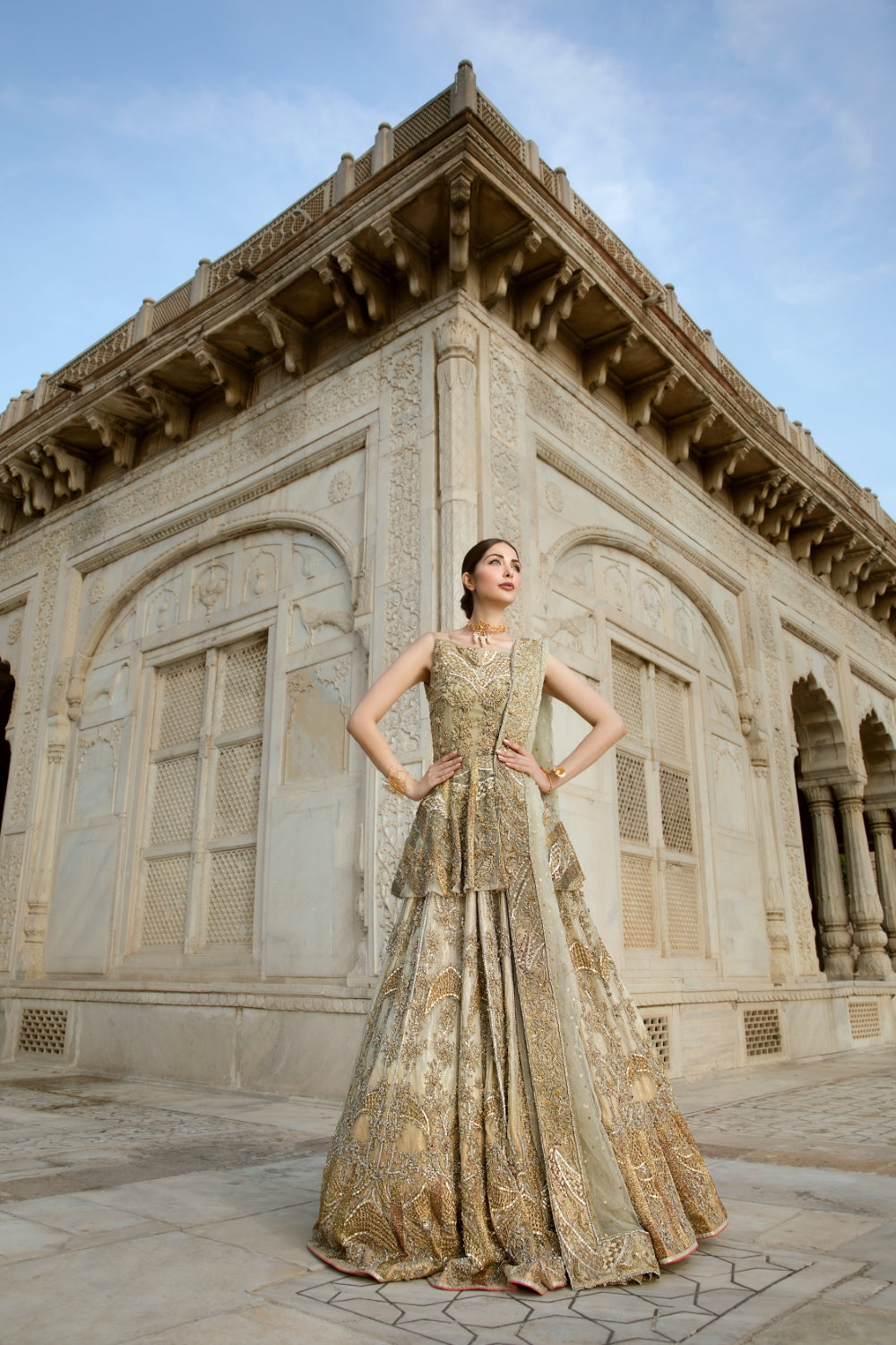 Gold Zardozi Embroidered Net Bridal Lehenga (3-Piece) - Image 2