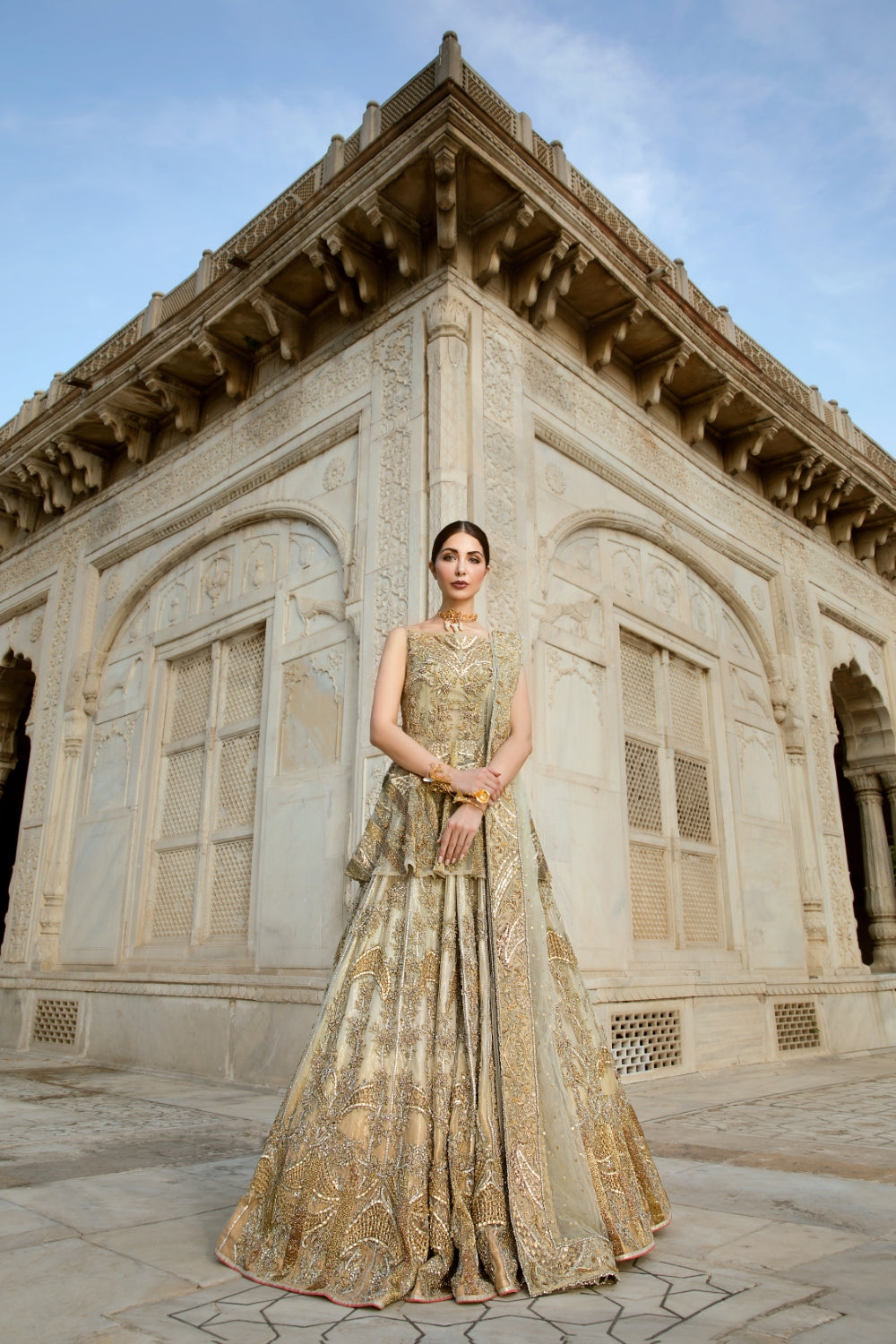 Gold Zardozi Embroidered Net Bridal Lehenga (3-Piece) - Image 5