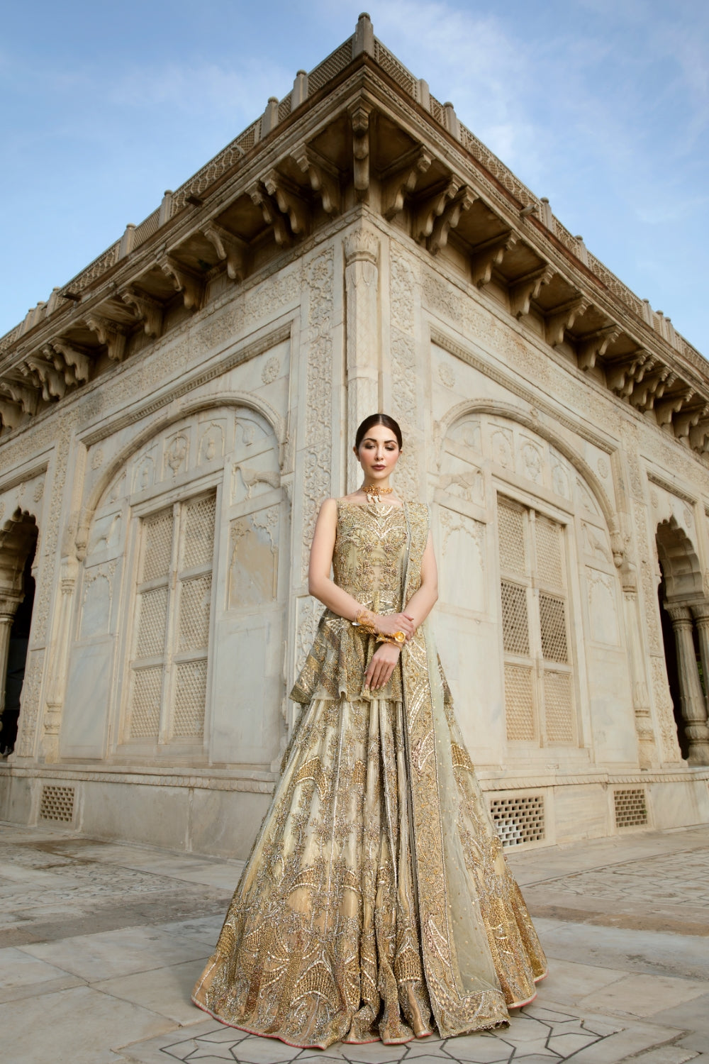 Gold Zardozi Embroidered Net Bridal Lehenga (3-Piece) - Image 6