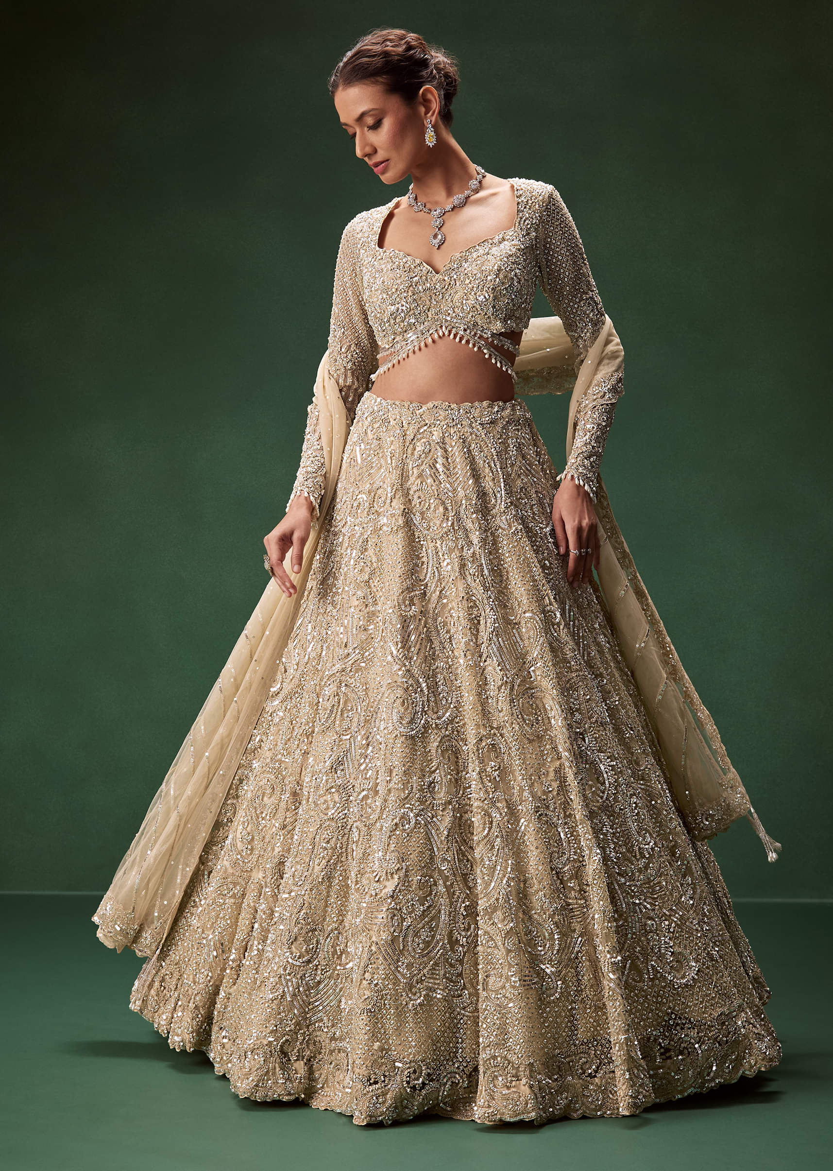 Indian Gold Embroidered Net Bridal Lehenga (3-Piece) - Image 1