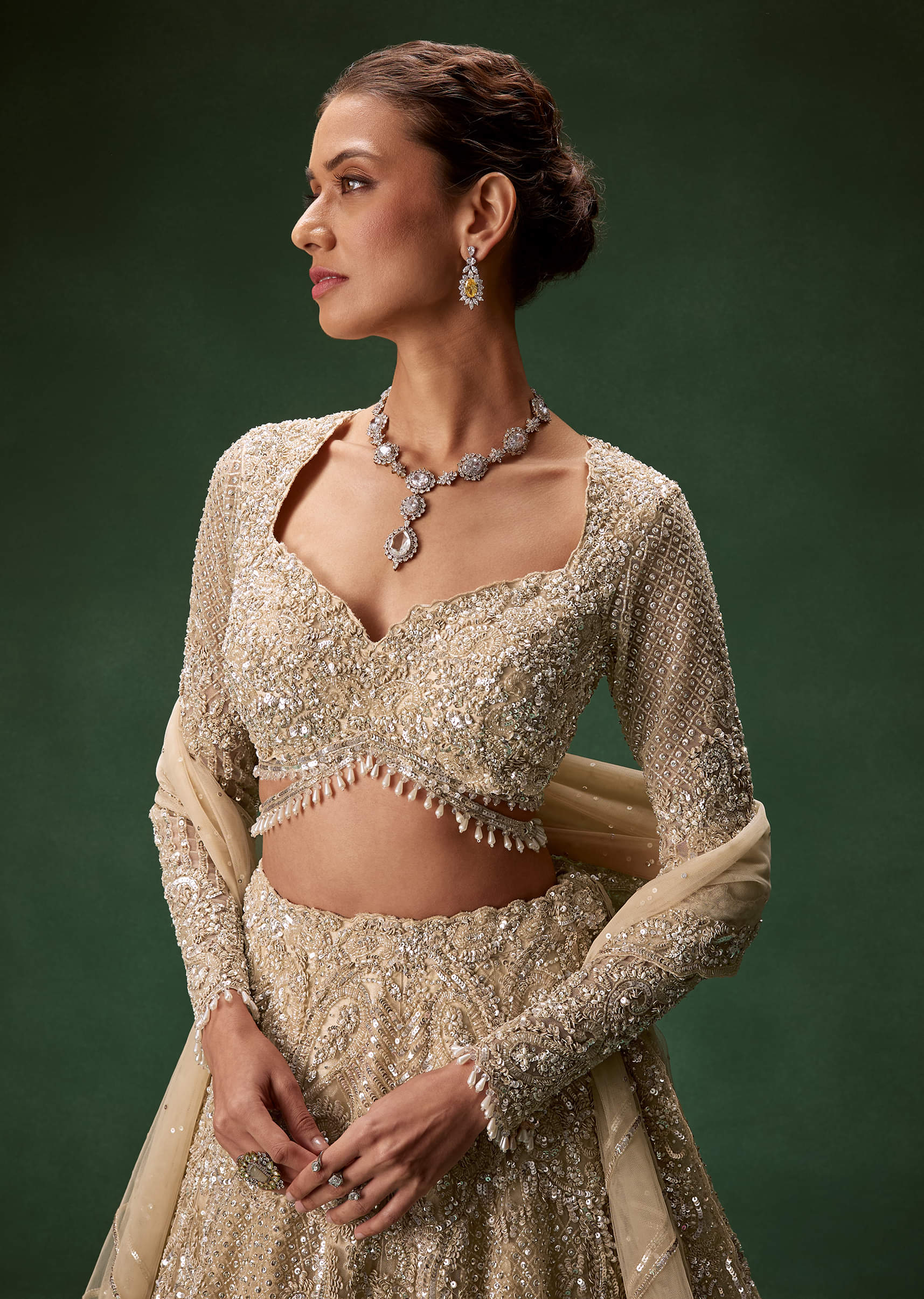 Indian Gold Embroidered Net Bridal Lehenga (3-Piece) - Image 3