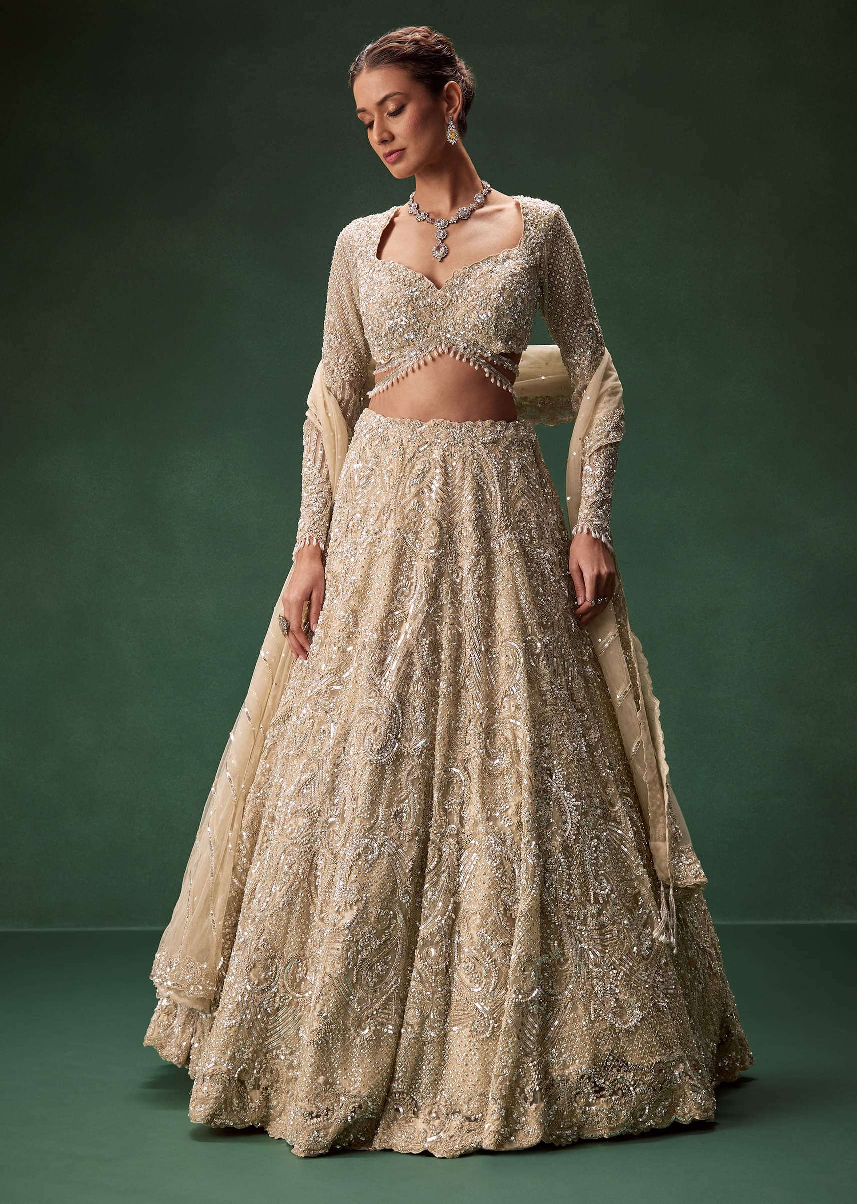 Indian Gold Embroidered Net Bridal Lehenga (3-Piece) - Image 4